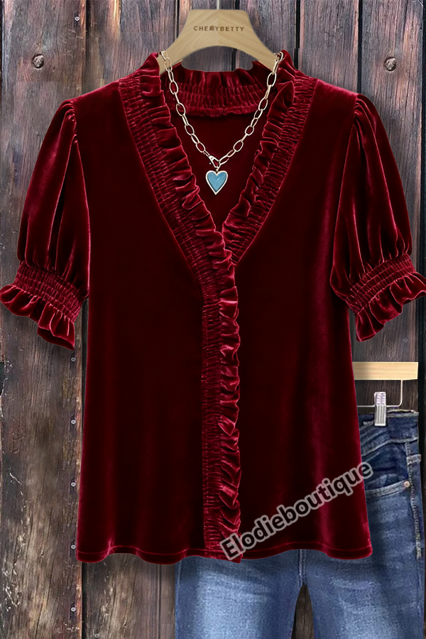 Solid Ruffle Neck Puff Sleeve Top