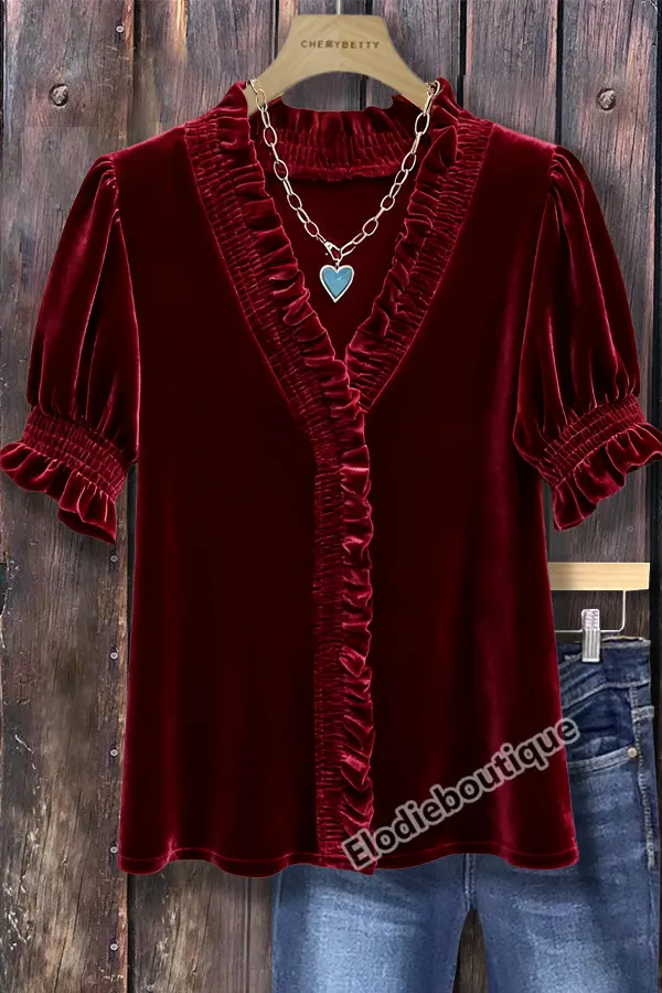 Solid Ruffle Neck Puff Sleeve Top