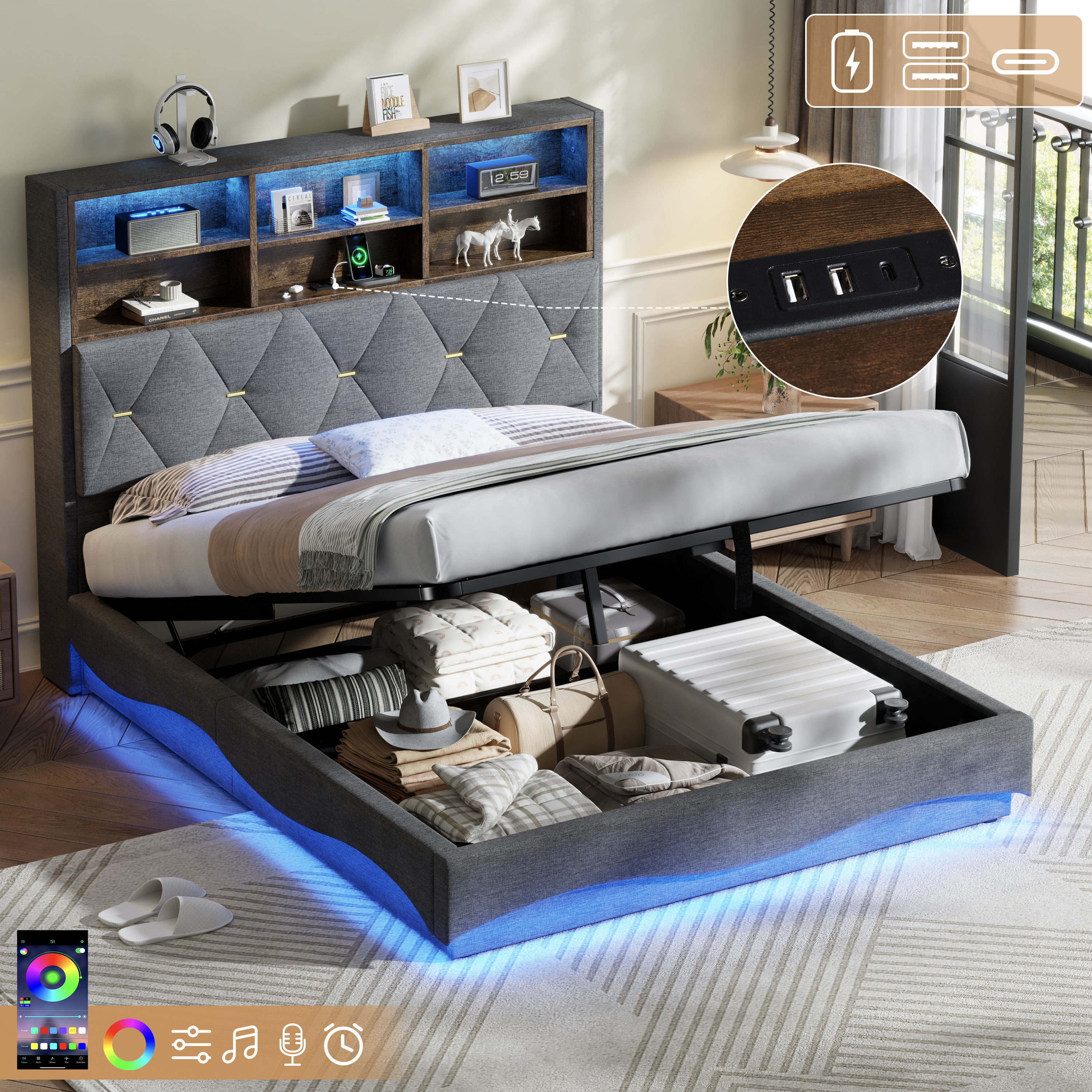 4ft6 Double Upholstered Bed Frame With Hydraulic Storage, Wavy LED Heightened Headboard With Charging Station, USB And Type - C Ports, Linen, No Box Spring Needed, Grey  No Mattress