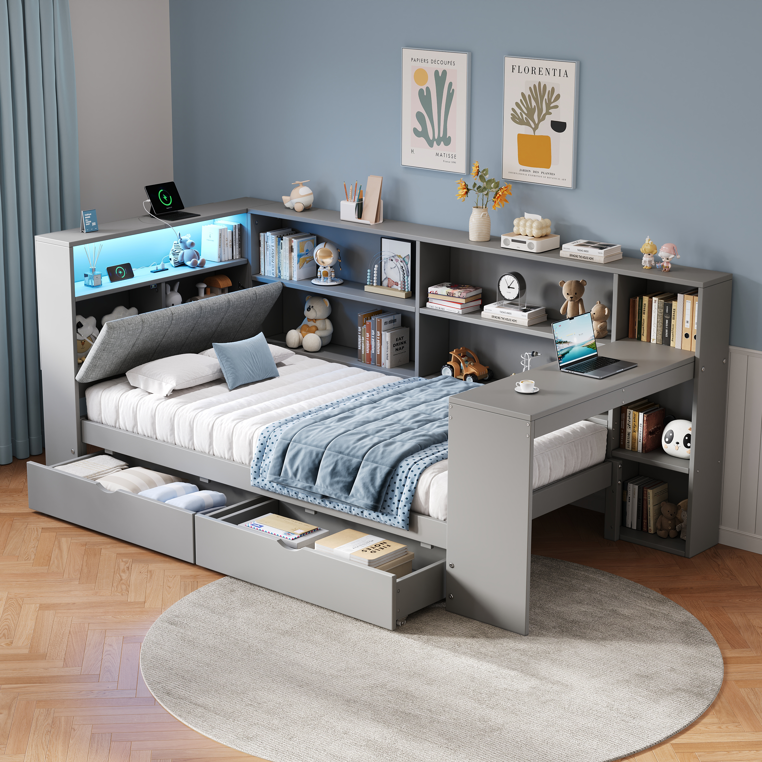 3ft Single L-Shape Daybed With Storage Drawers And Bookcase LED Linen Concealed — image 4