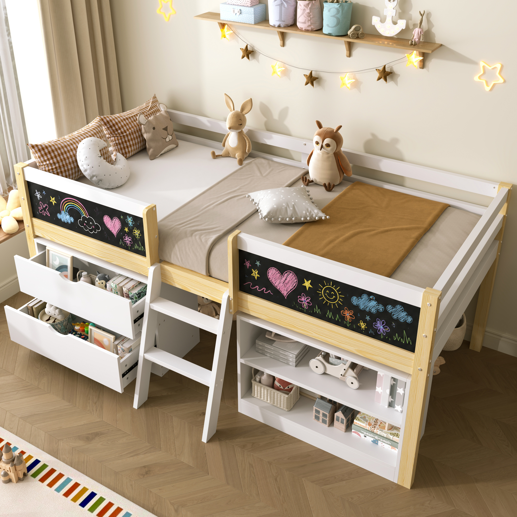 3ft Single Low Loft Bed With Blackboard, Modern Wood Bed Frame With Drawers And Storage Shelves, Under-bed Space, Modern Bed With Safety Guardrail, Sa