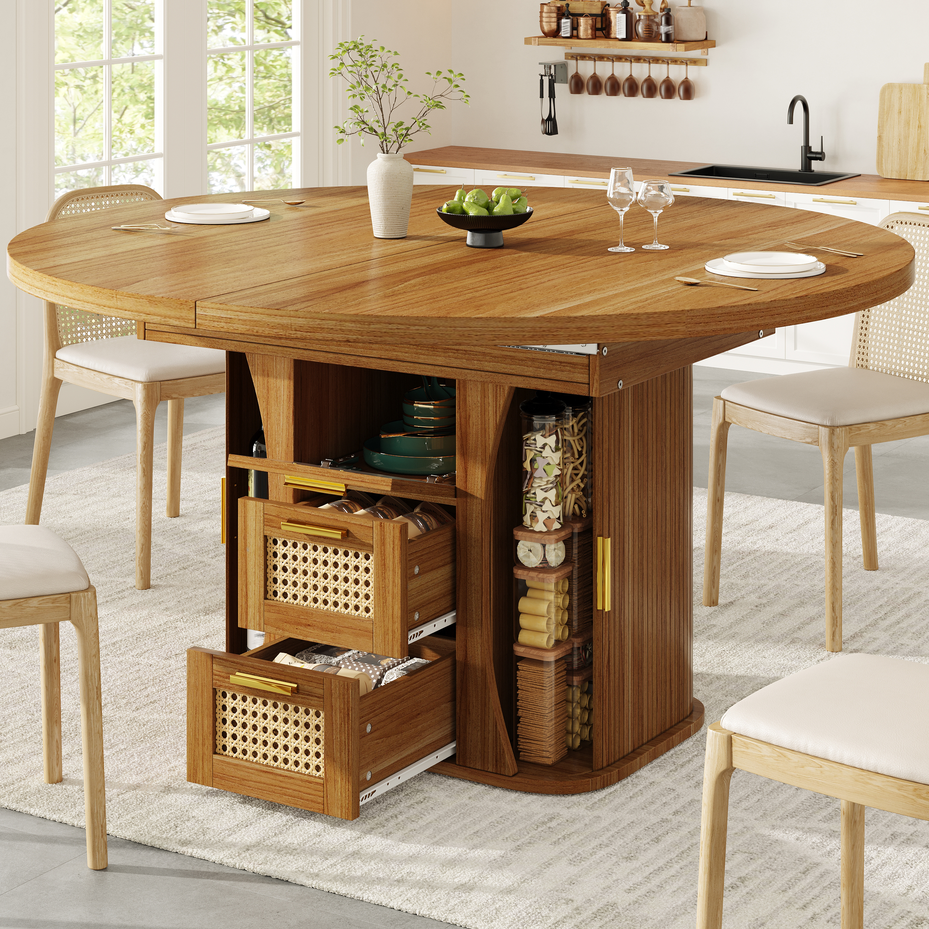 Extendable Dining Table With Storage, 118-158cm Rattan Drawers, MDF Wood Look — image 5