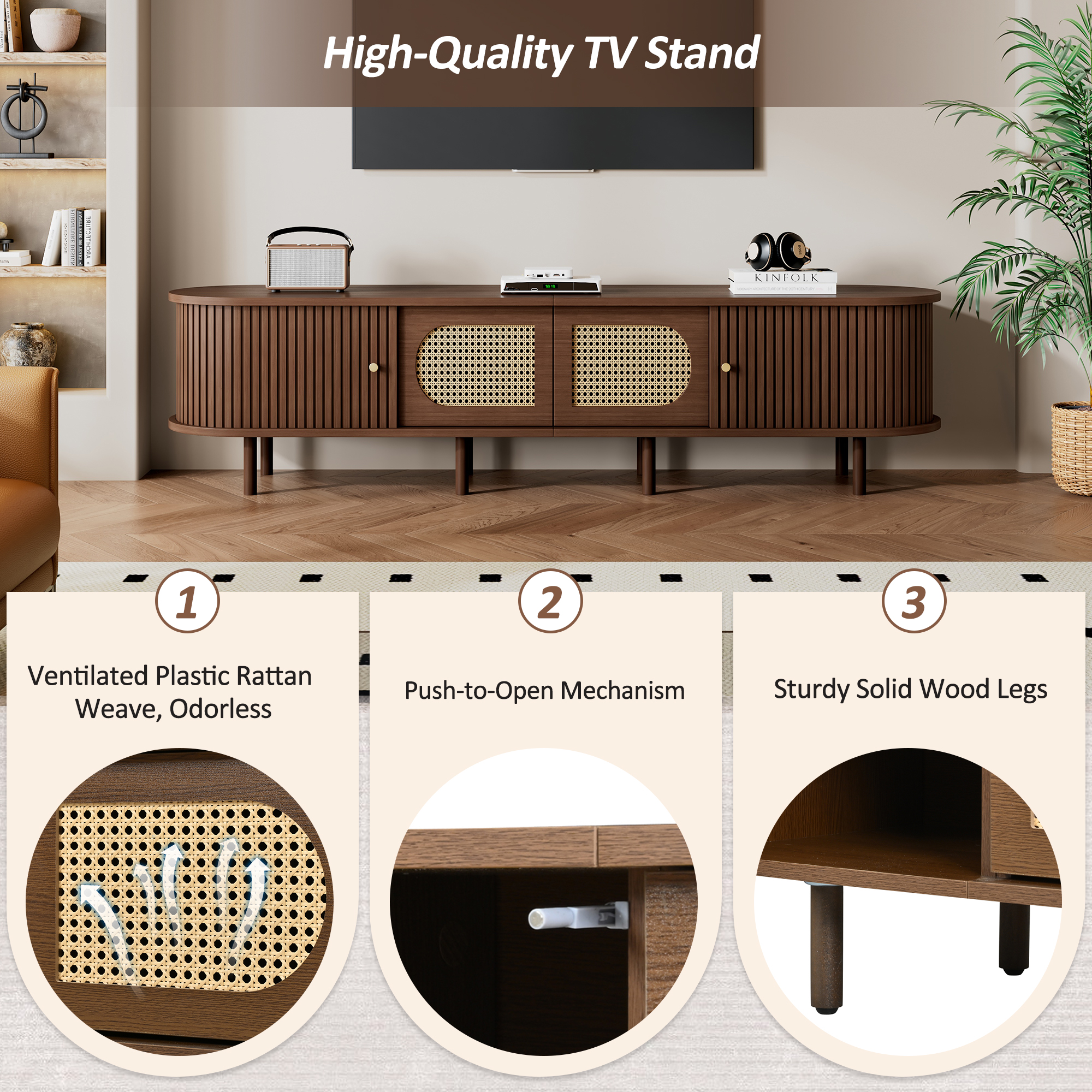 180x40x40cm Oval TV Stand In Dark Walnut, Rattan Design, Two Cabinet Doors — image 5