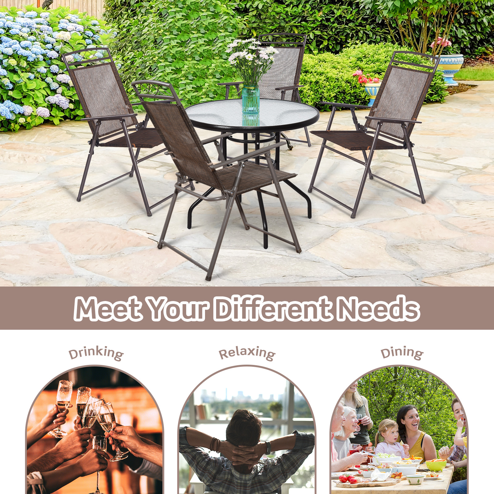 Set Of 4 Patio Folding Sling Chairs Steel Camping Deck