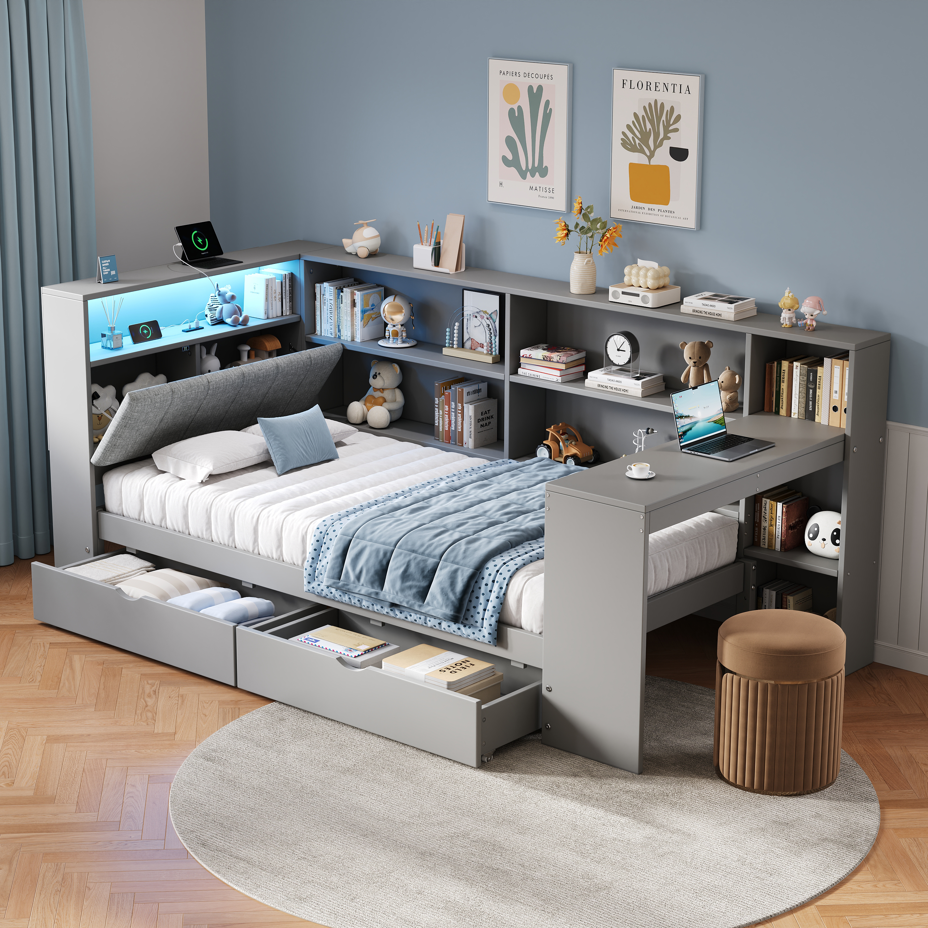 3ft Single L-Shape Daybed With Storage Drawers And Bookcase LED Linen Concealed — image 3