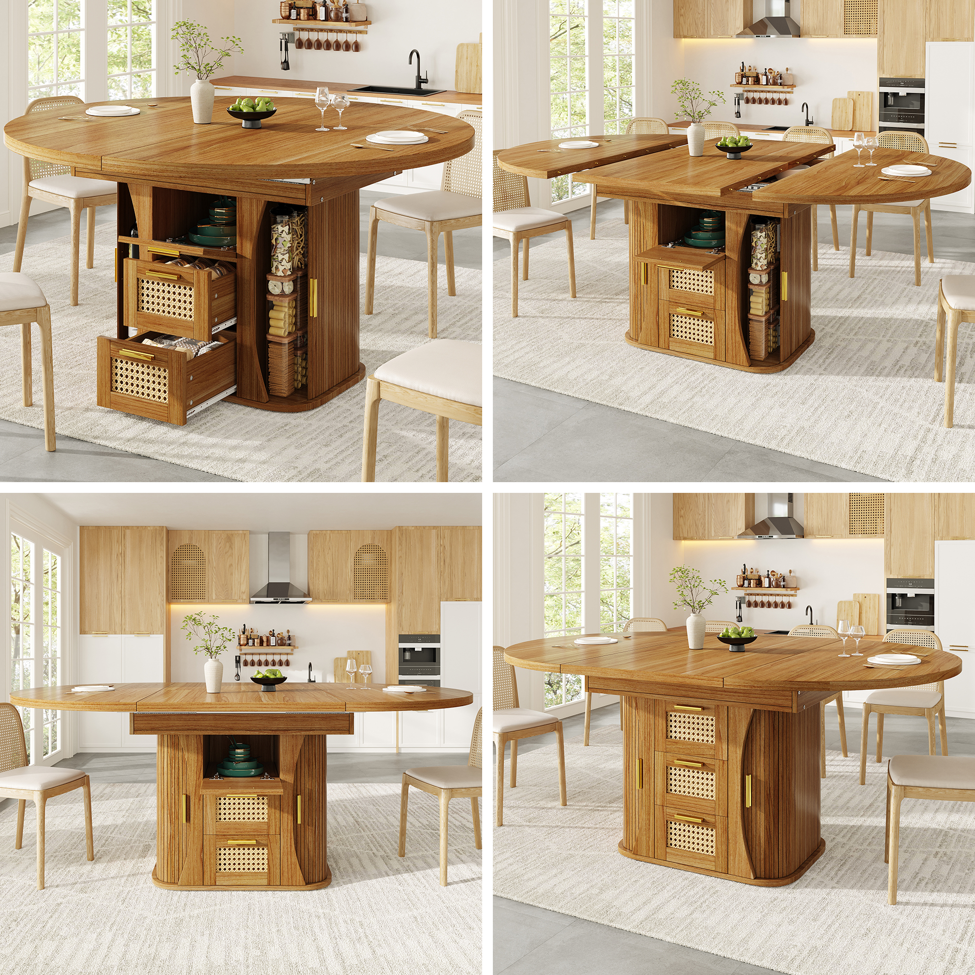 Extendable Dining Table With Storage, 118-158cm Table With Rattan Drawers, MDF Wood Look, Black  Natural Wood  Brown