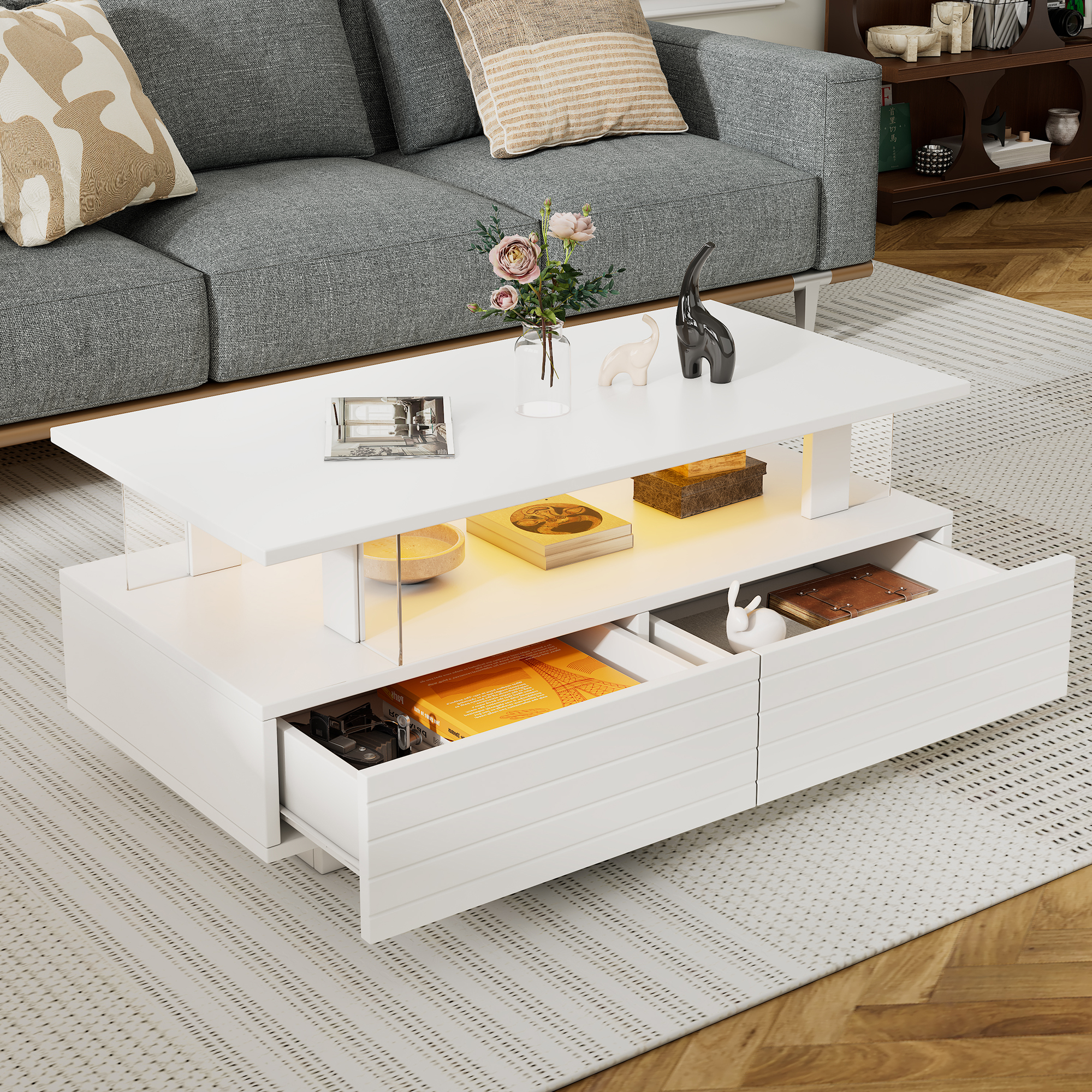 Coffee Table With Open Storage, Centre Sofa Side 2drawers, Rectangle End LED — image 3