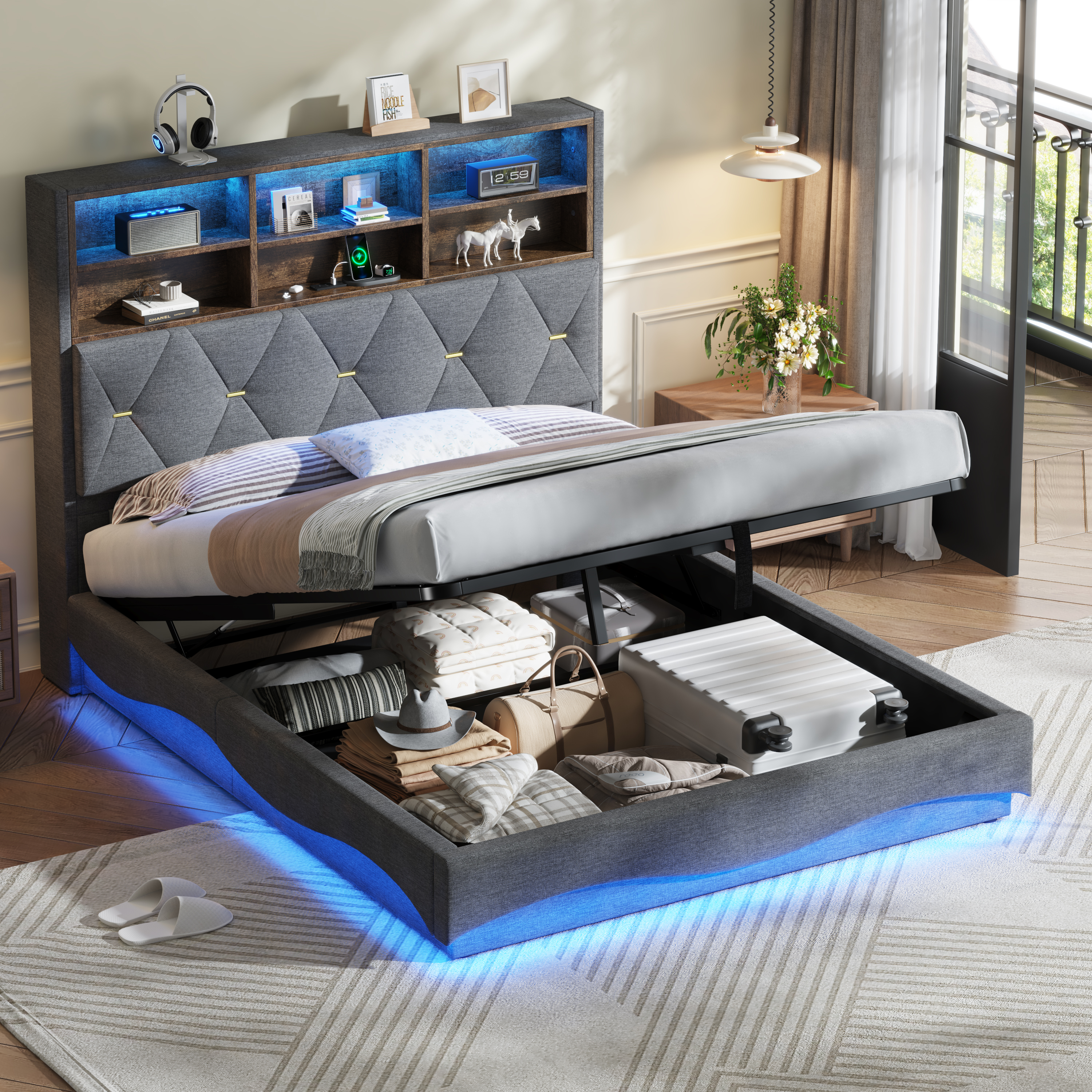 4ft6 Double Upholstered Bed Frame With Hydraulic Storage, Wavy LED Heightened — image 3