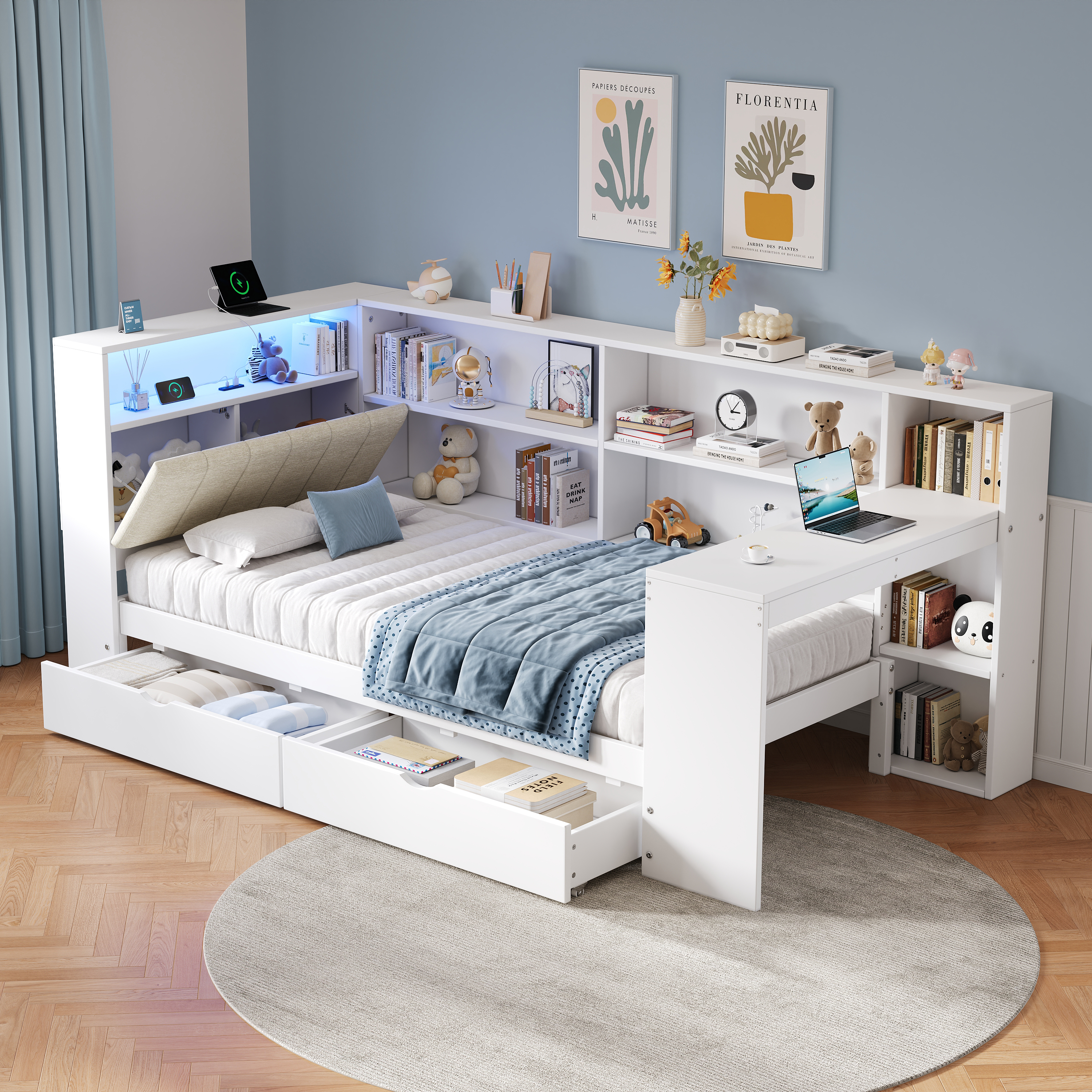 3ft Single L-Shape Daybed With Storage Drawers And Bookcase LED Linen Concealed — image 3