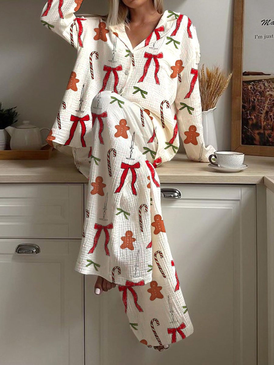 Ladies Christmas Cane Candy And Bow Pajama Set
