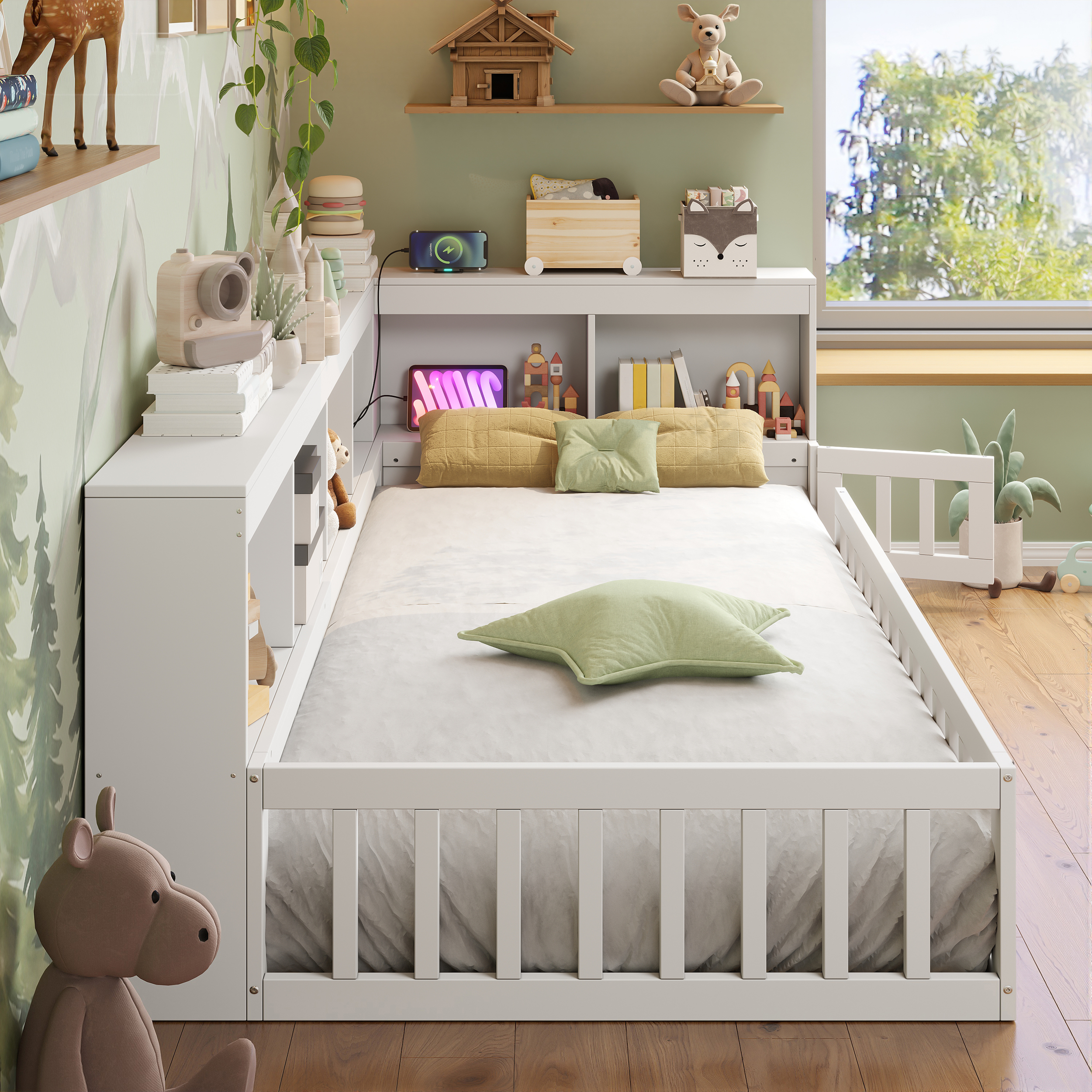 3ft Single Floor Bed Frame With Beside Bookcase And Storage Shelves, Full — image 5