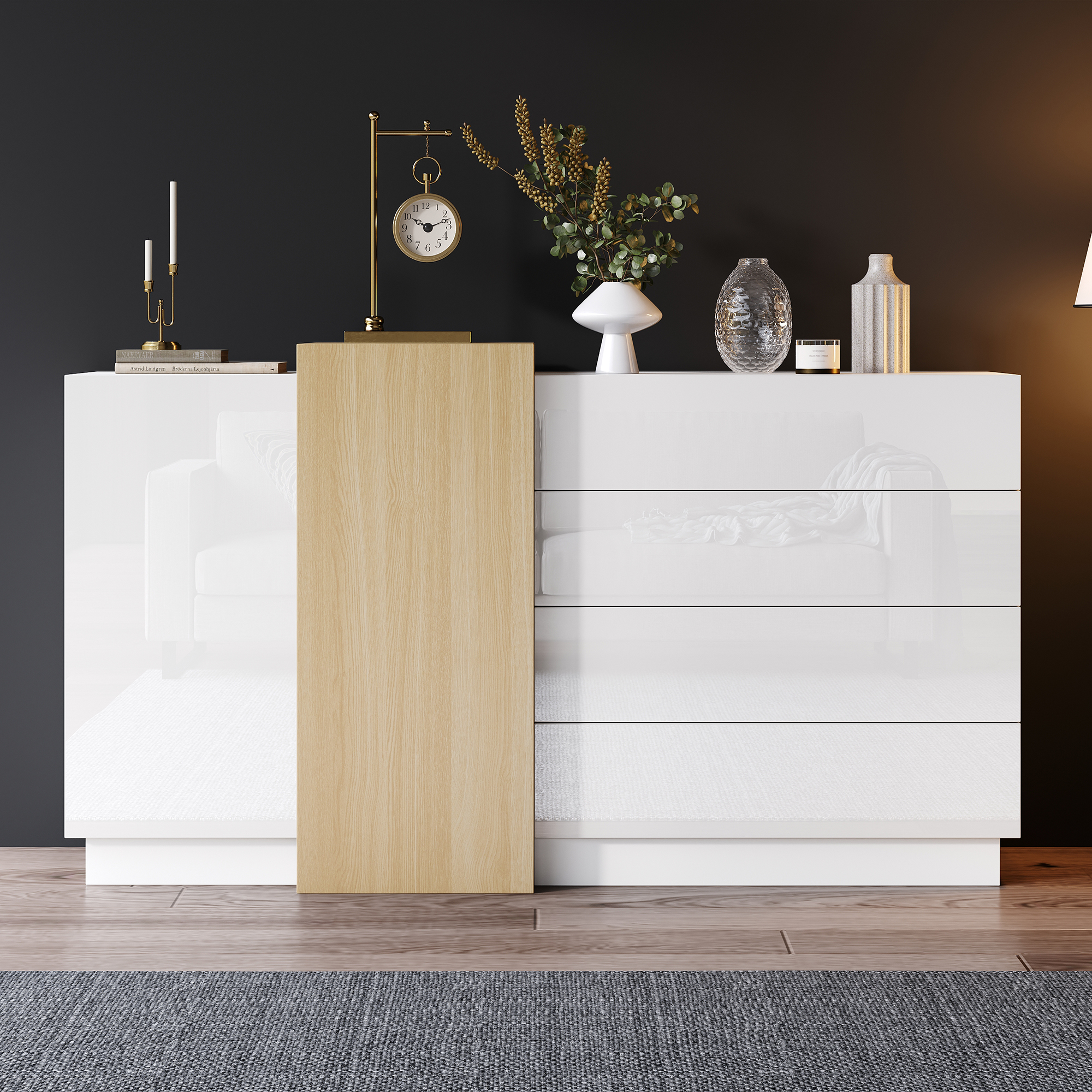 White High-Gloss Sideboard Cupboard With 4 Drawers, Modern Dining Room Large — image 3