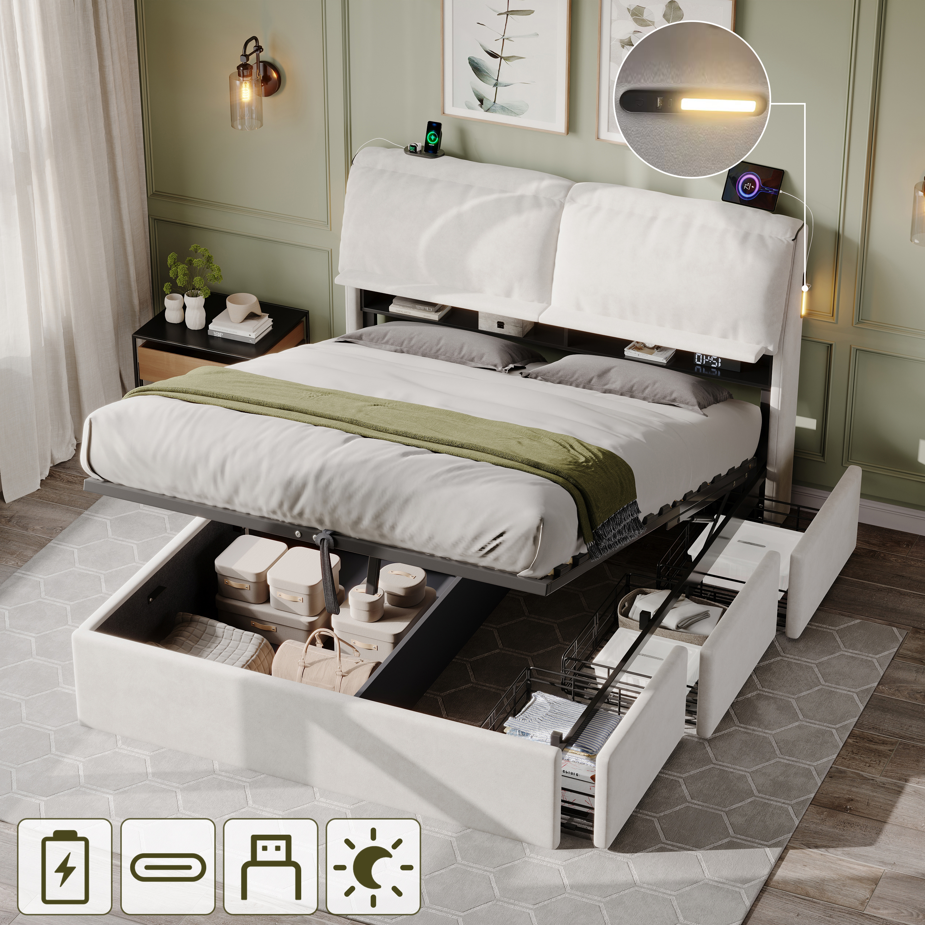 5ft King Bed With Hydraulic Storage, Velvet Upholstered Bed With Headboard Flip-top Storage And Drawers, Back Cushion Headboard With Charging Station And LED Night Light, Cream White  No Mattress