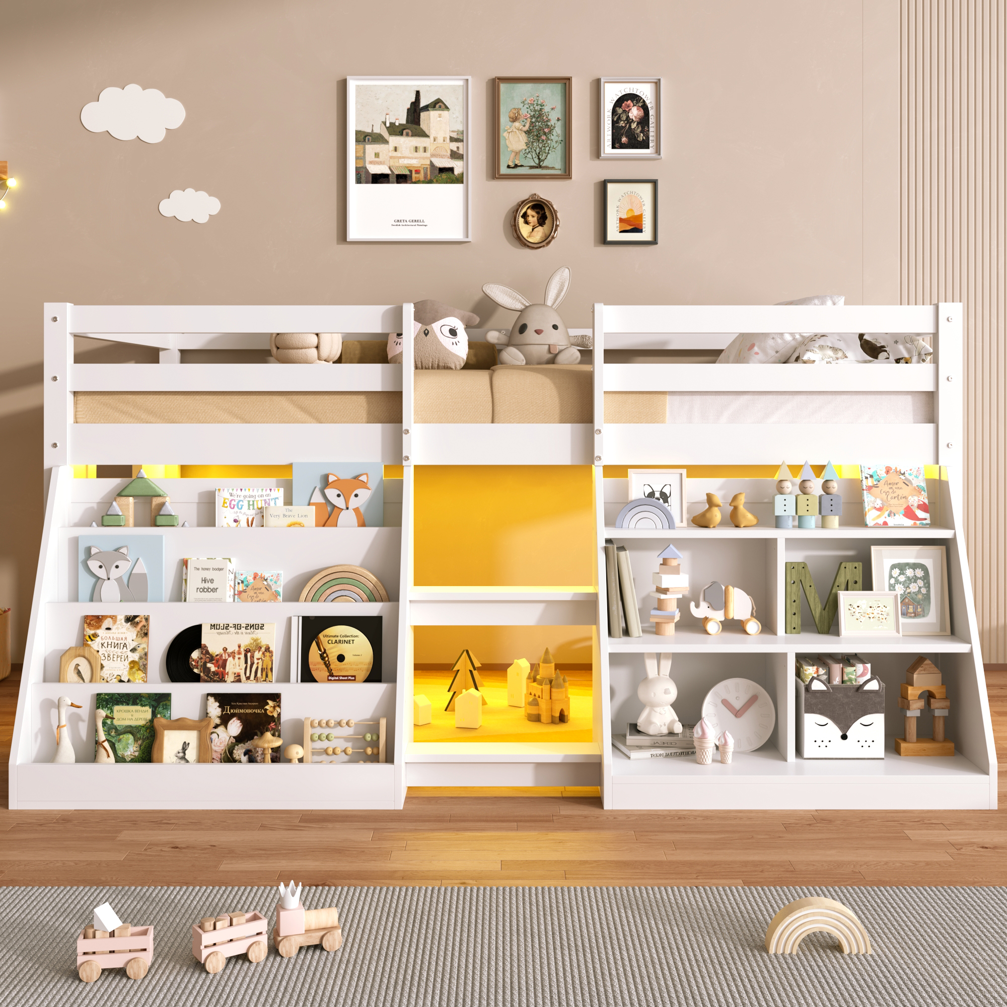 3ft Single Low Loft Bed With LED Light, Wooden Frame Stairs, Bookcase, Storage — image 3
