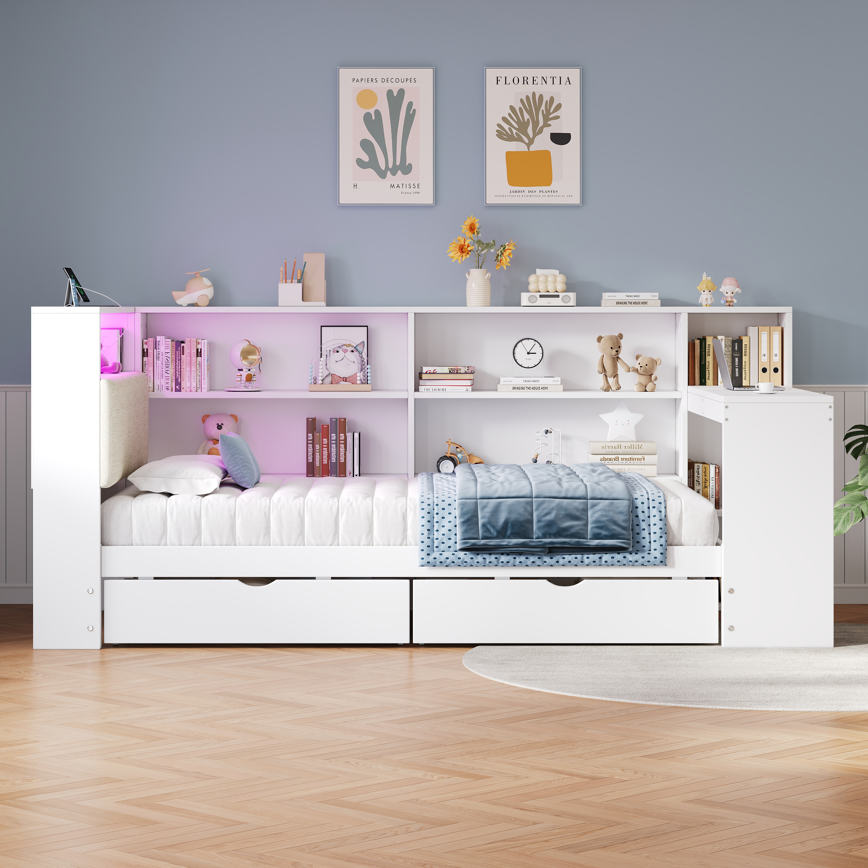 3ft Single L-Shape Daybed With Storage Drawers And Bookcase LED Linen Concealed — image 4