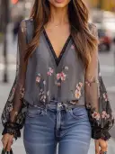 Boho Sheer Floral V-Neck Blouse view 1