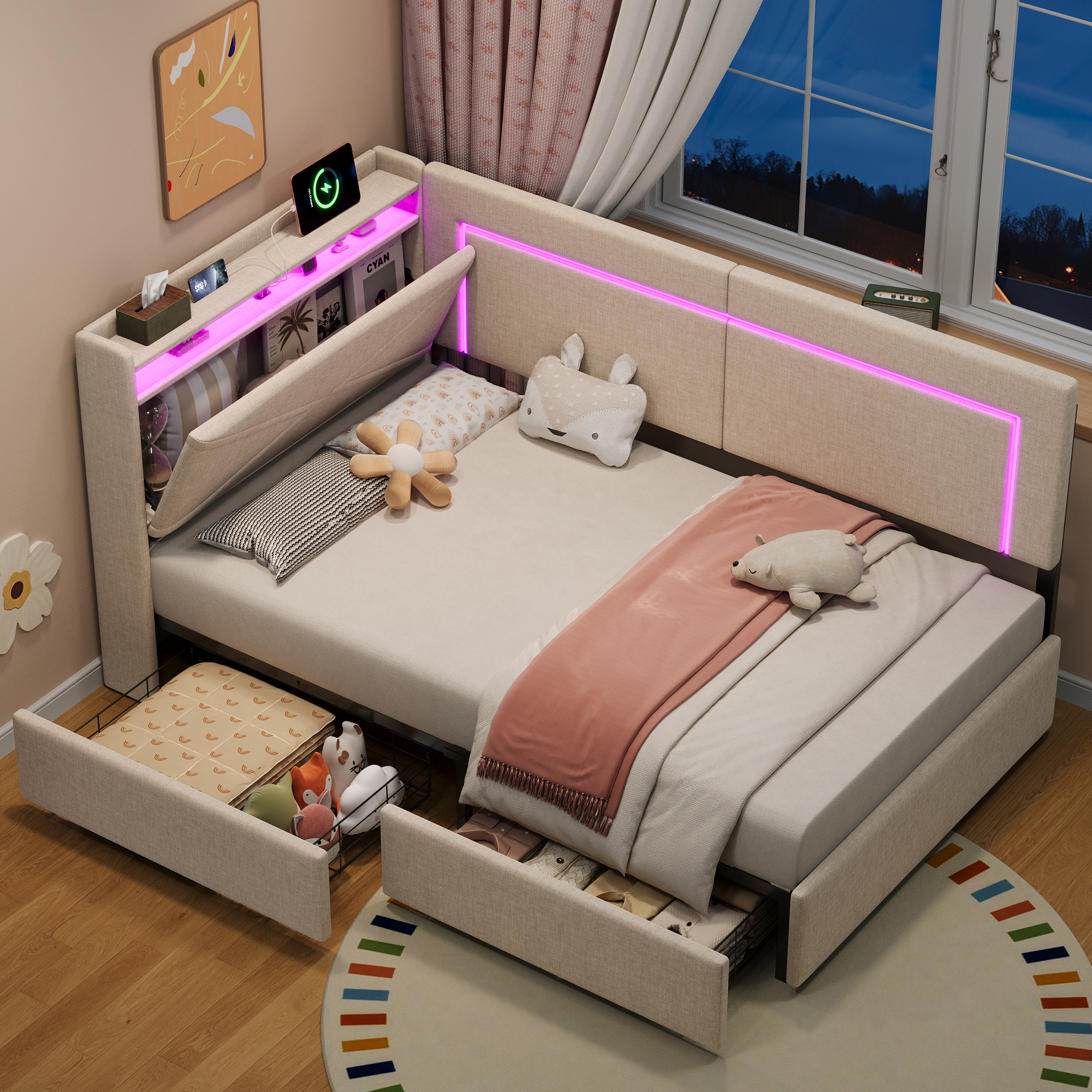3ft Single Daybed With Two Storage Drawers, LED Concealed Headboard Charging — image 5