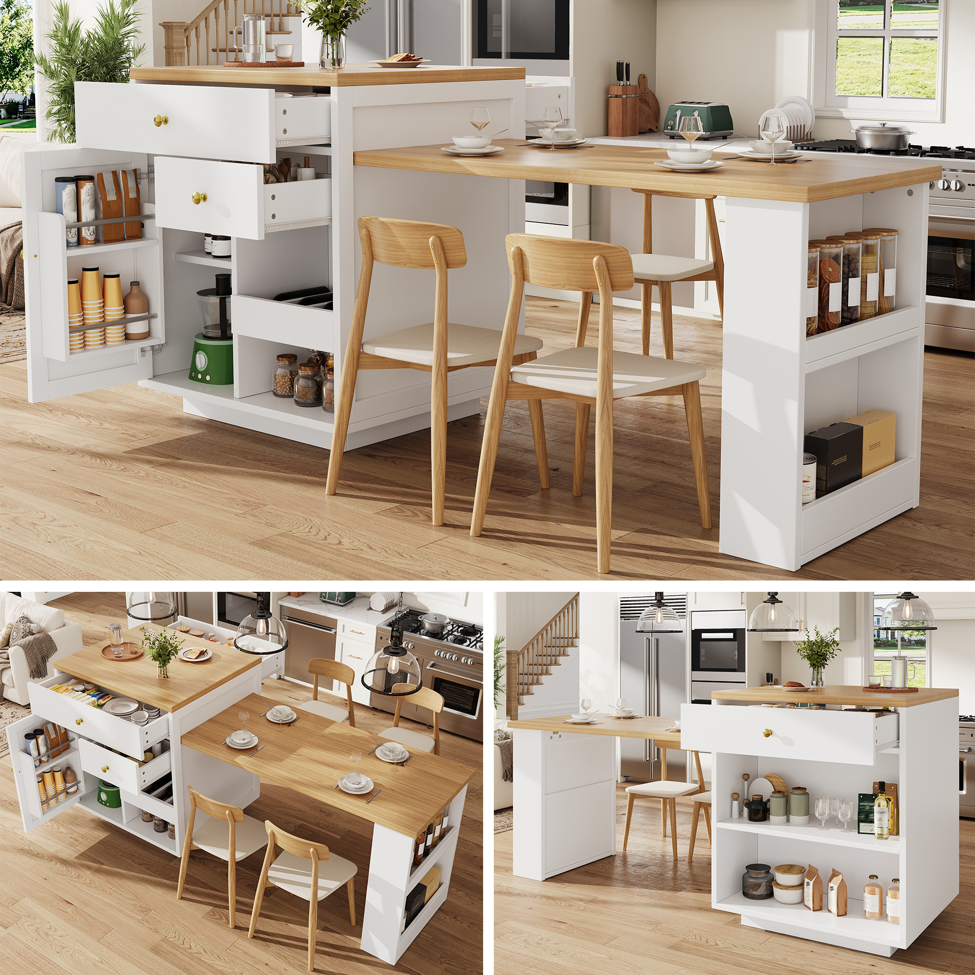 Extendable Bar Table With Storage  122.5-195.5x70x93.8cm, With Three Drawers And Wine Rack, Kitchen Island With Extendable Table, For 2-6 People, Kitchen Dining Cart With Side Shelves, White