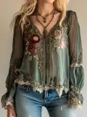 Bohemian Vintage Green Embroidered Shirt view 1