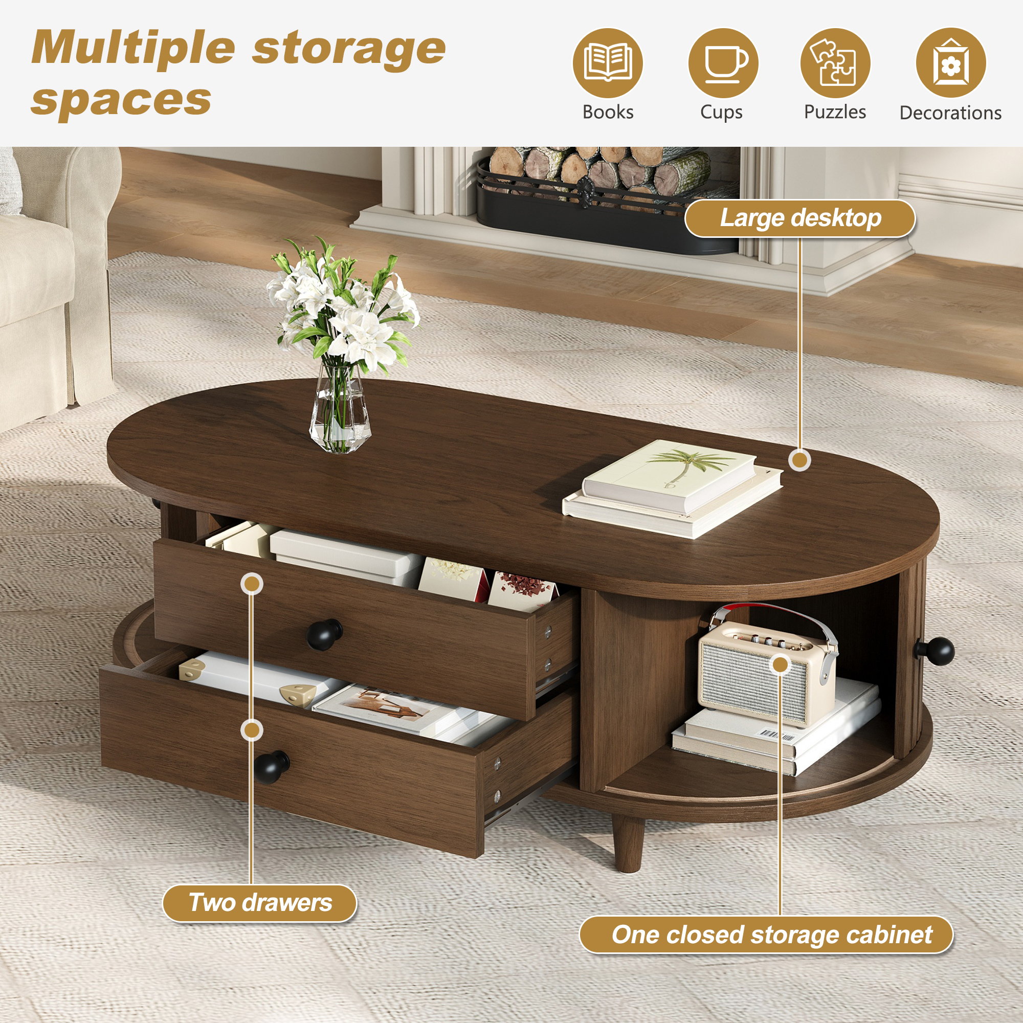 Table basse ovale avec deux portes coulissantes, coins arrondis – Image 5