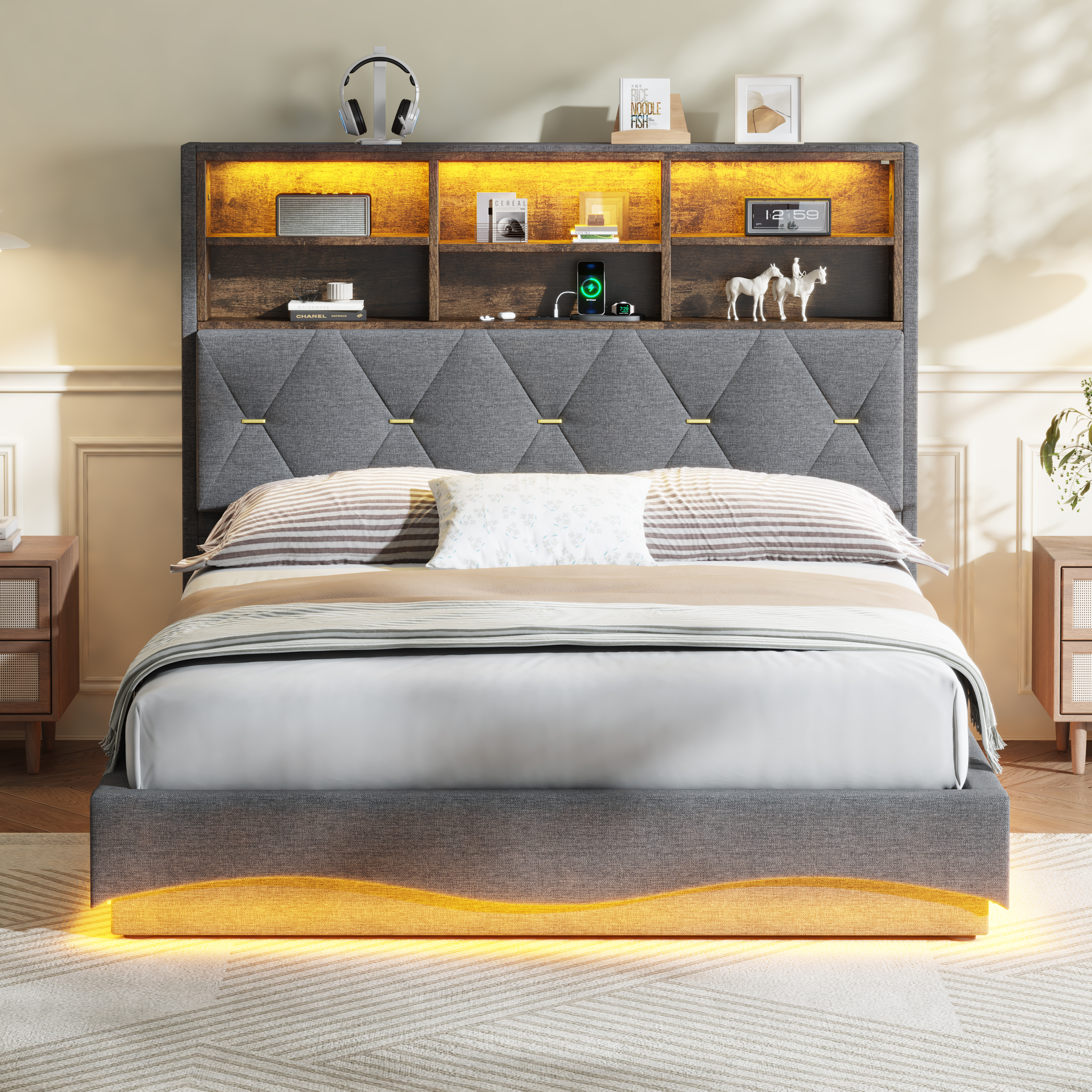 4ft6 Double Upholstered Bed Frame With Hydraulic Storage, Wavy LED Heightened — image 2