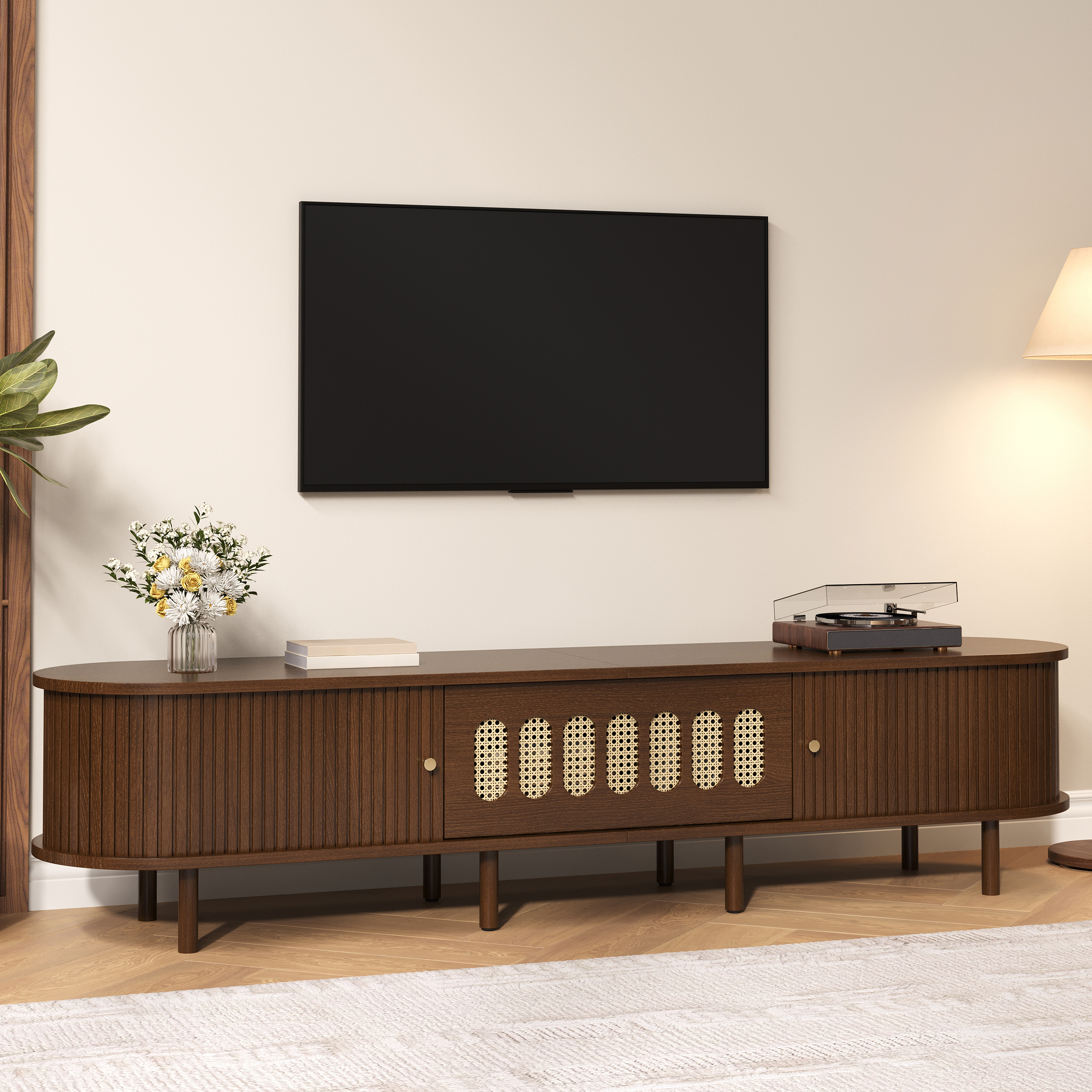 180x40x40cm Oval TV Stand In Dark Walnut, Rattan Design - MDF Design, 30 Kg Load Capacity, Roll-Up Door Design. TV Cabinet, Lowboard, Living Room Cabi