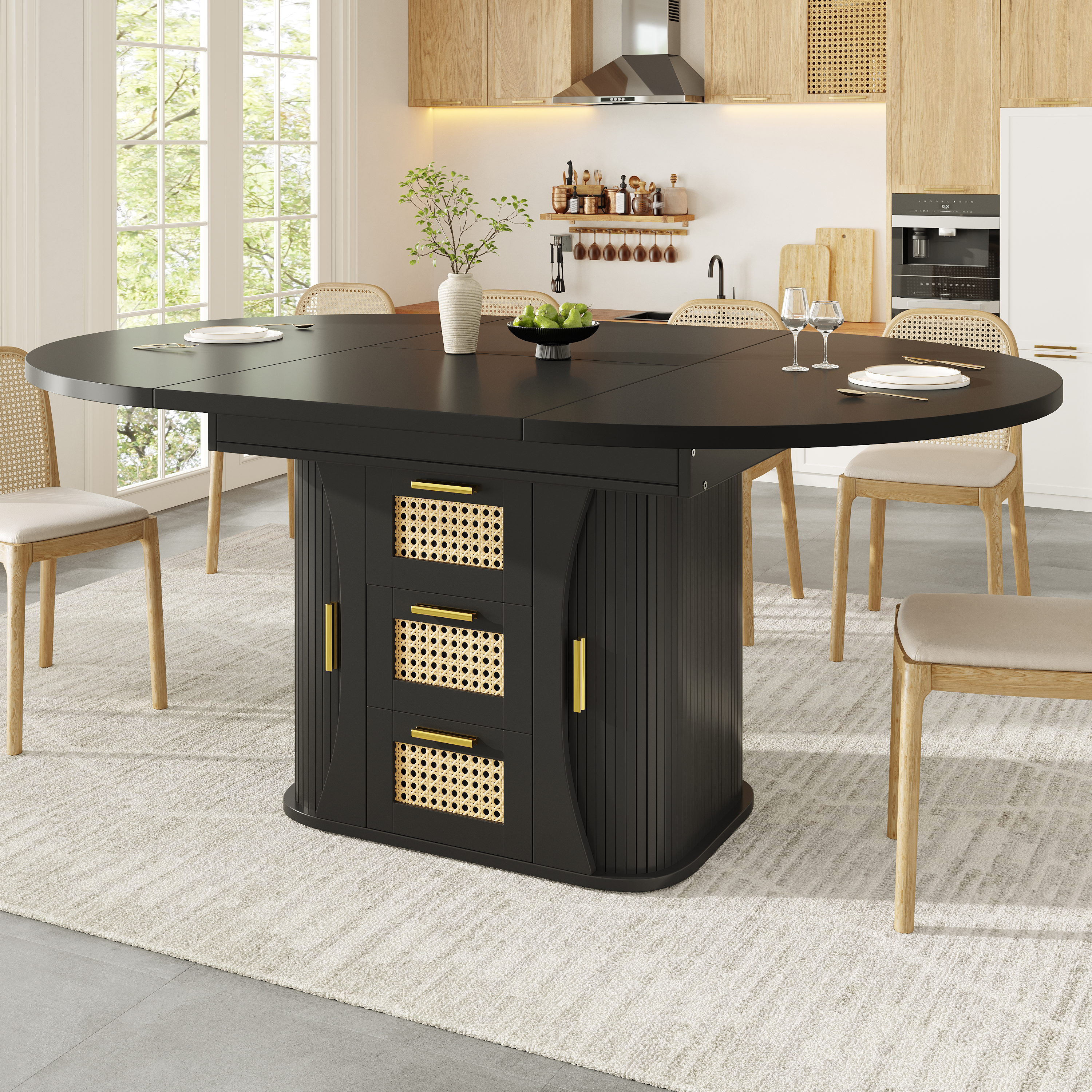 Extendable Dining Table With Storage, 118-158cm Rattan Drawers, MDF Wood Look — image 3