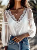 Ship In 24 Hours Romantic Soft White Sheer Lace Trimmed Blouse view 1
