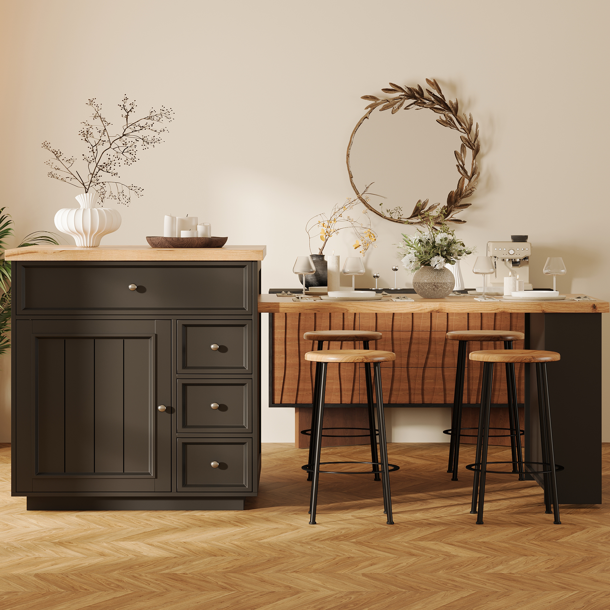 Extendable Kitchen Island 120-184 Cm With Drawers And Casters, Mobile Wood-look — image 2