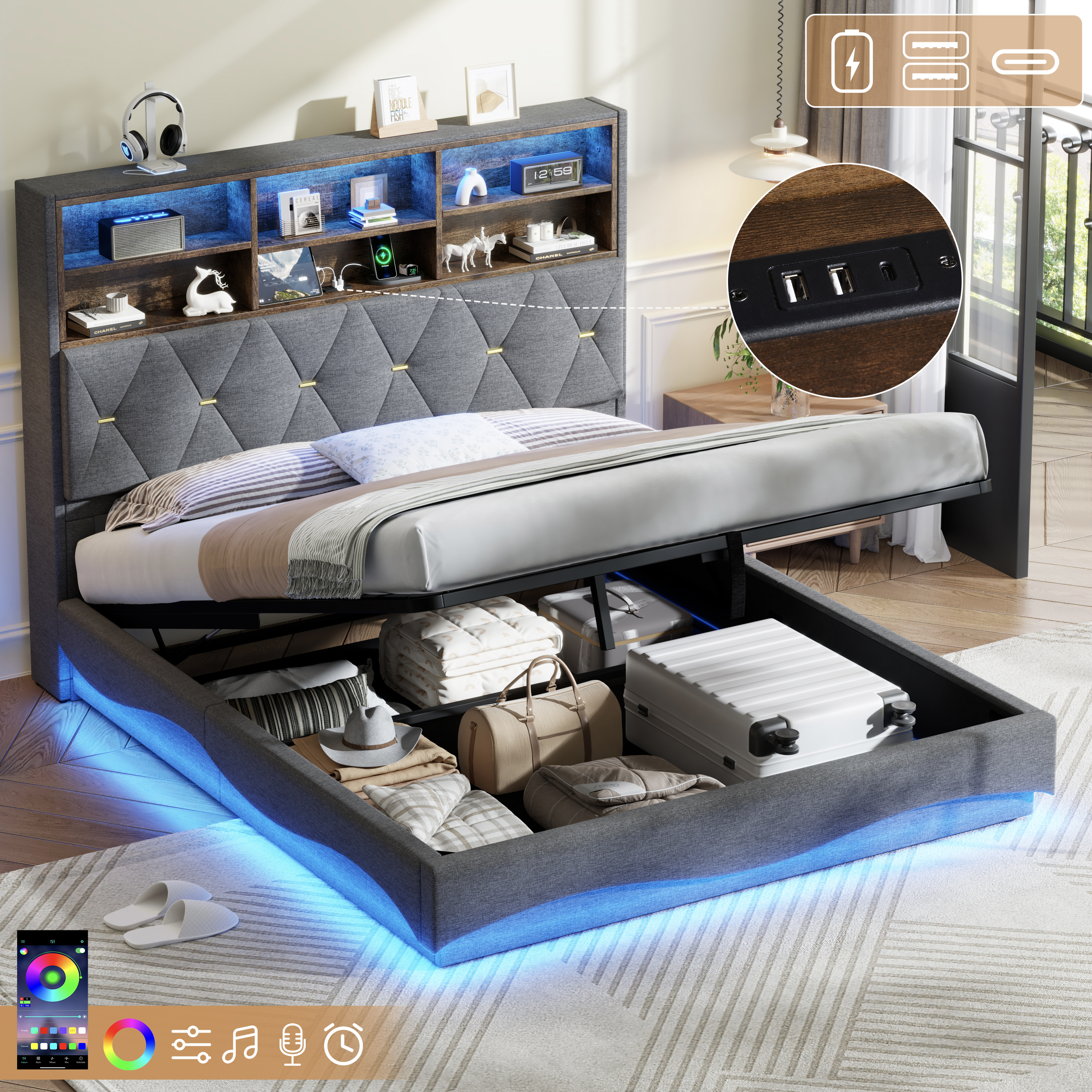 5ft King Upholstered Bed Frame With Hydraulic Storage, Wavy LED Heightened Headboard With Charging Station, USB And Type - C Ports, Linen, No Box Spring Needed, Grey  No Mattress