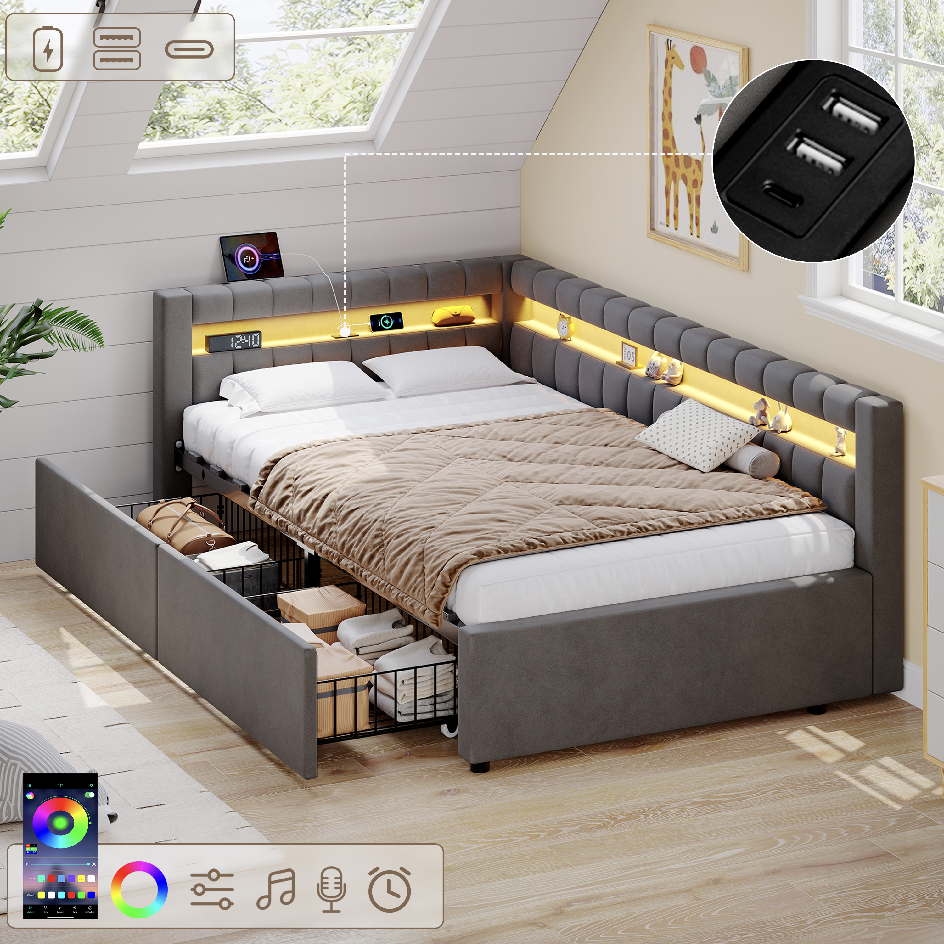 3ft Single Daybed With Two Storage Drawers, LED Modern Channel Tufted Bed Frame With Charging Station, Velvet Sofa Bed For Living Room Bedroom Study R