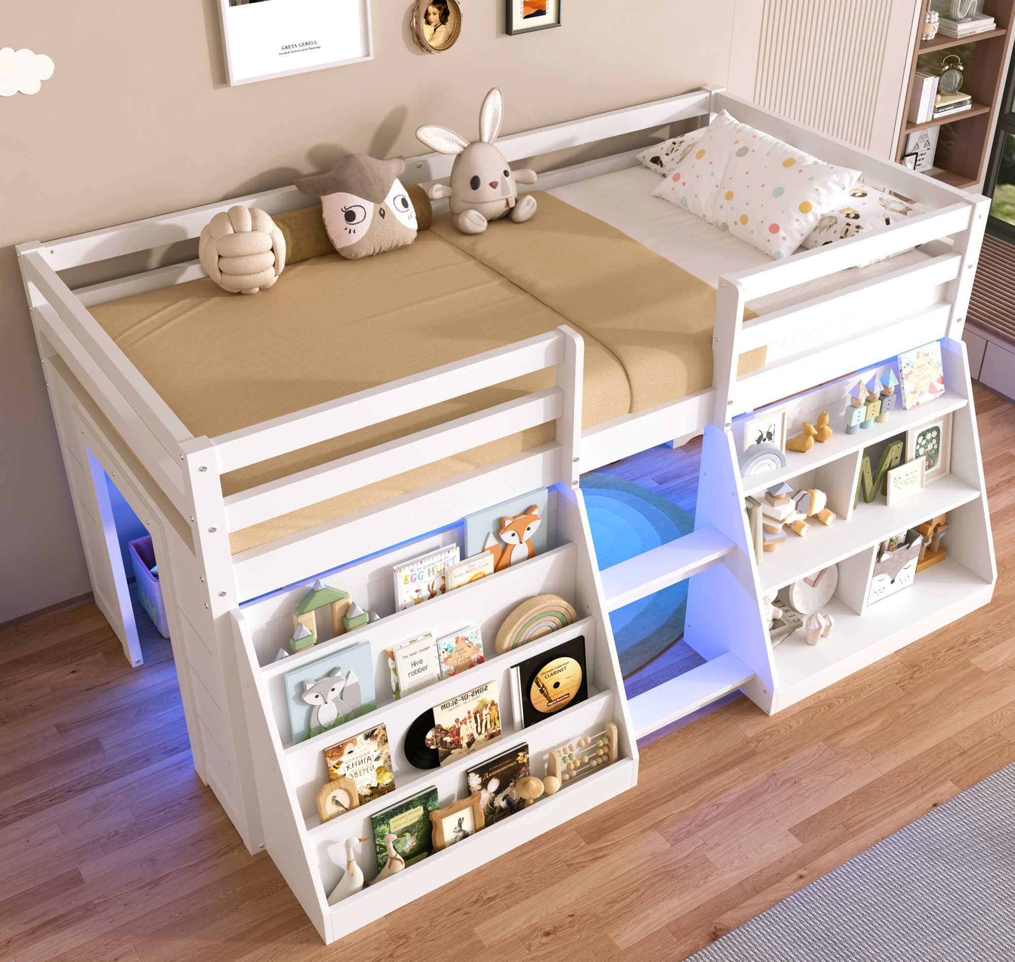 3ft Single Low Loft Bed With LED Light, Wooden Frame Stairs, Bookcase, Storage — image 5