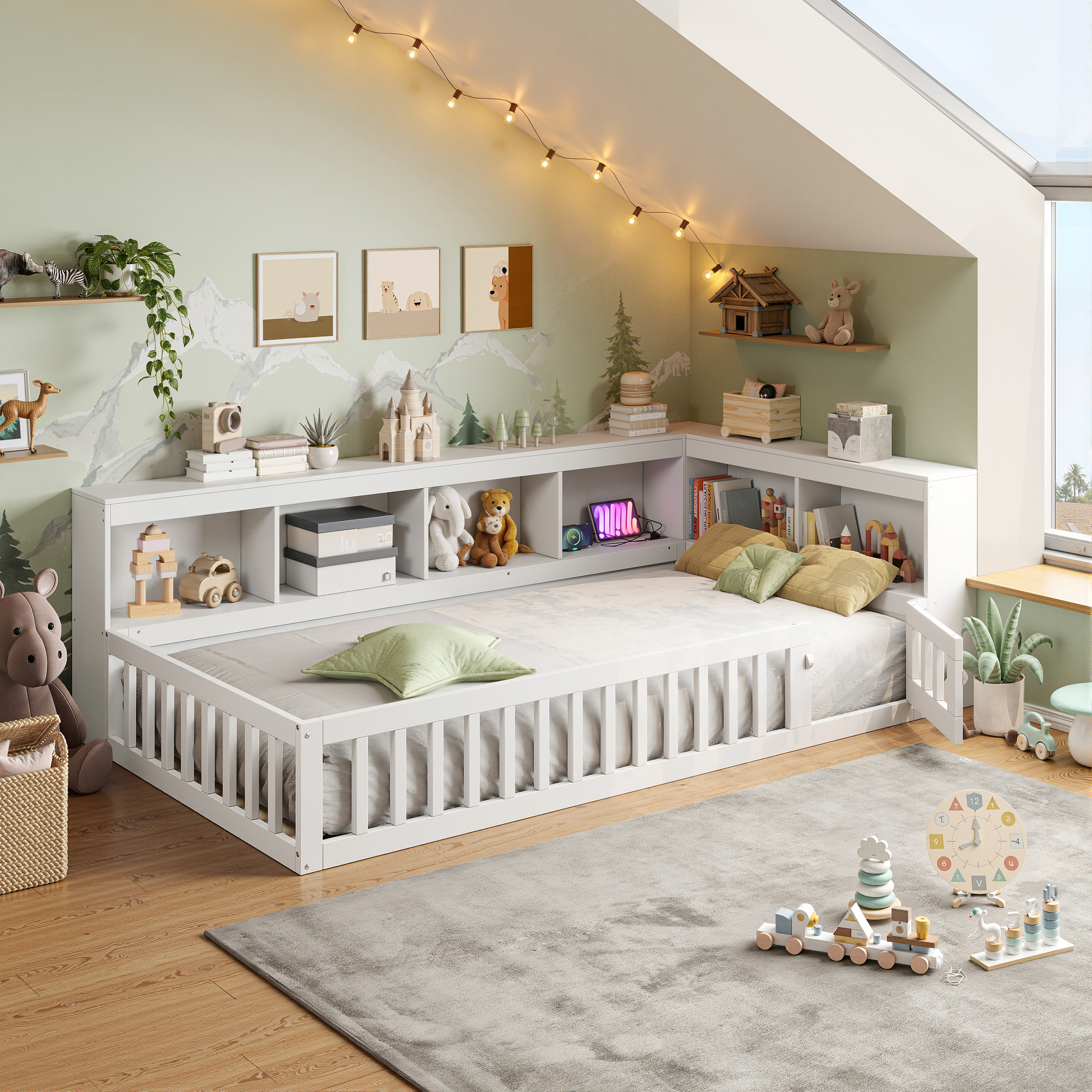 3ft Single Floor Bed Frame With Beside Bookcase And Storage Shelves, Full — image 2