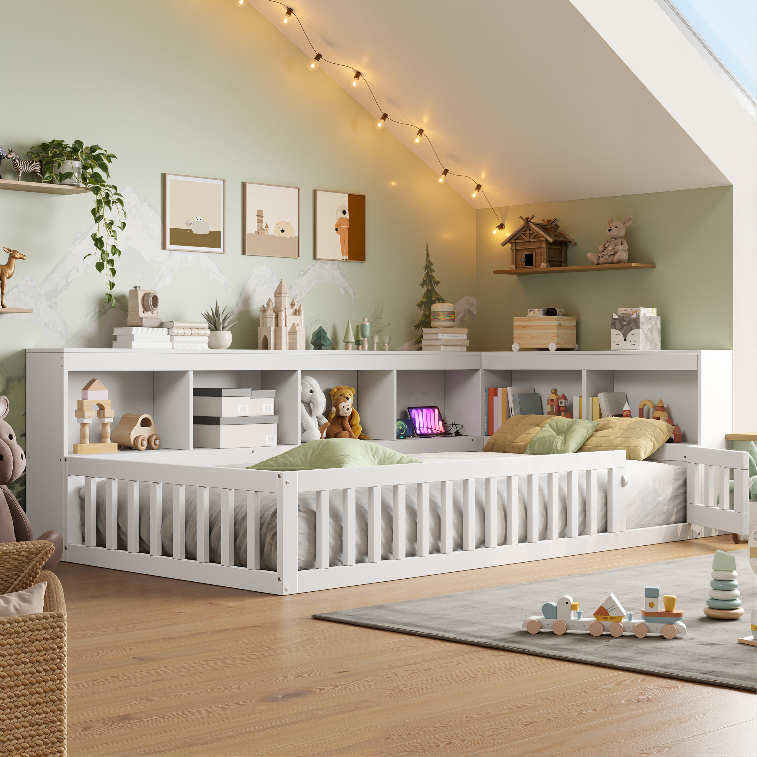 3ft Single Floor Bed Frame With Beside Bookcase And Storage Shelves, Full — image 3