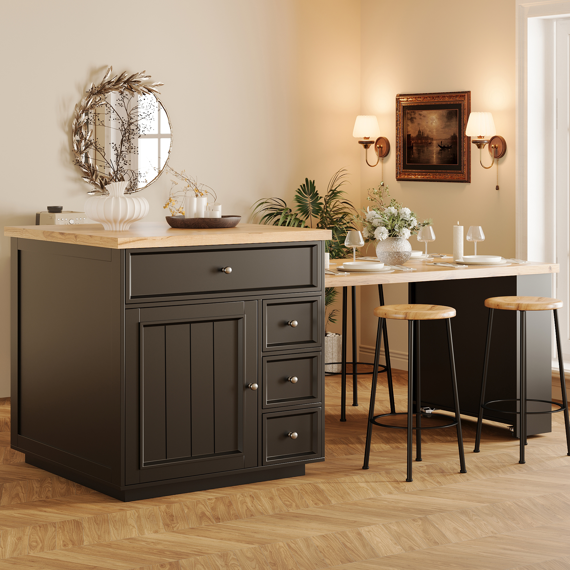 Extendable Kitchen Island 120-184 Cm With Drawers And Casters, Mobile Wood-look — image 3