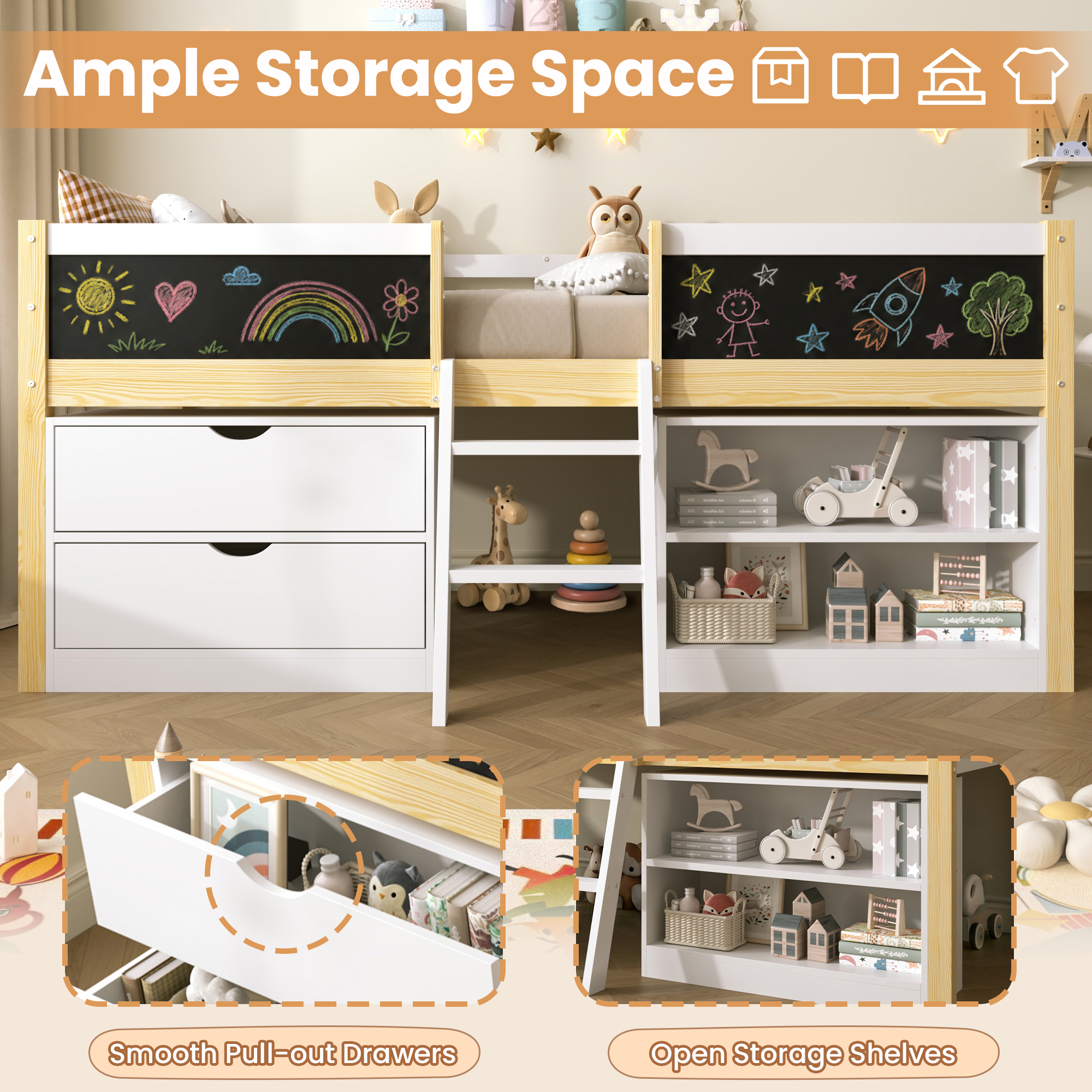 3ft Single Low Loft Bed With Blackboard, Modern Wood Frame Drawers And Storage — image 2