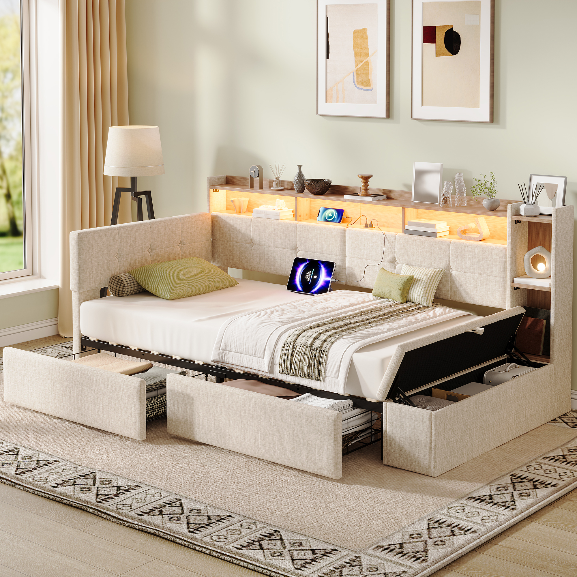 3ft Single LED Daybed With Storage Drawers And Bed End Ottoman Modern Linen — image 2