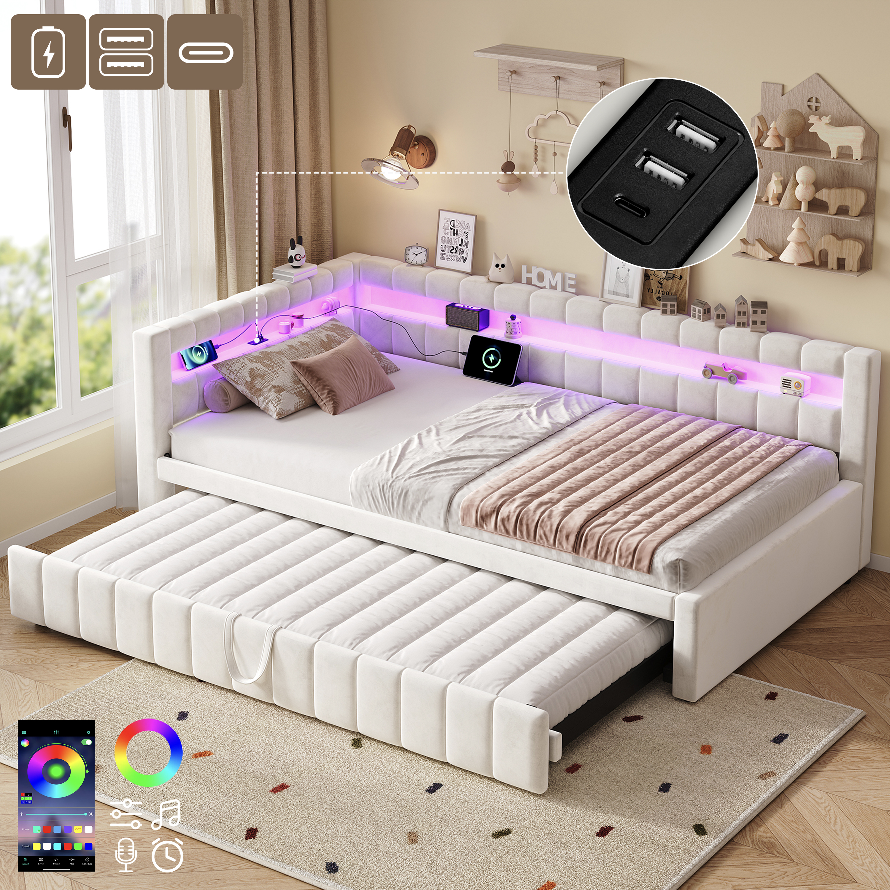 3ft Single Velvet Daybed, Sofa Bed With RGB LED Lights And Charging Station, Upholstered Sofa Bed With Trundle, Pull Out Trundle Bed For Living Room, 