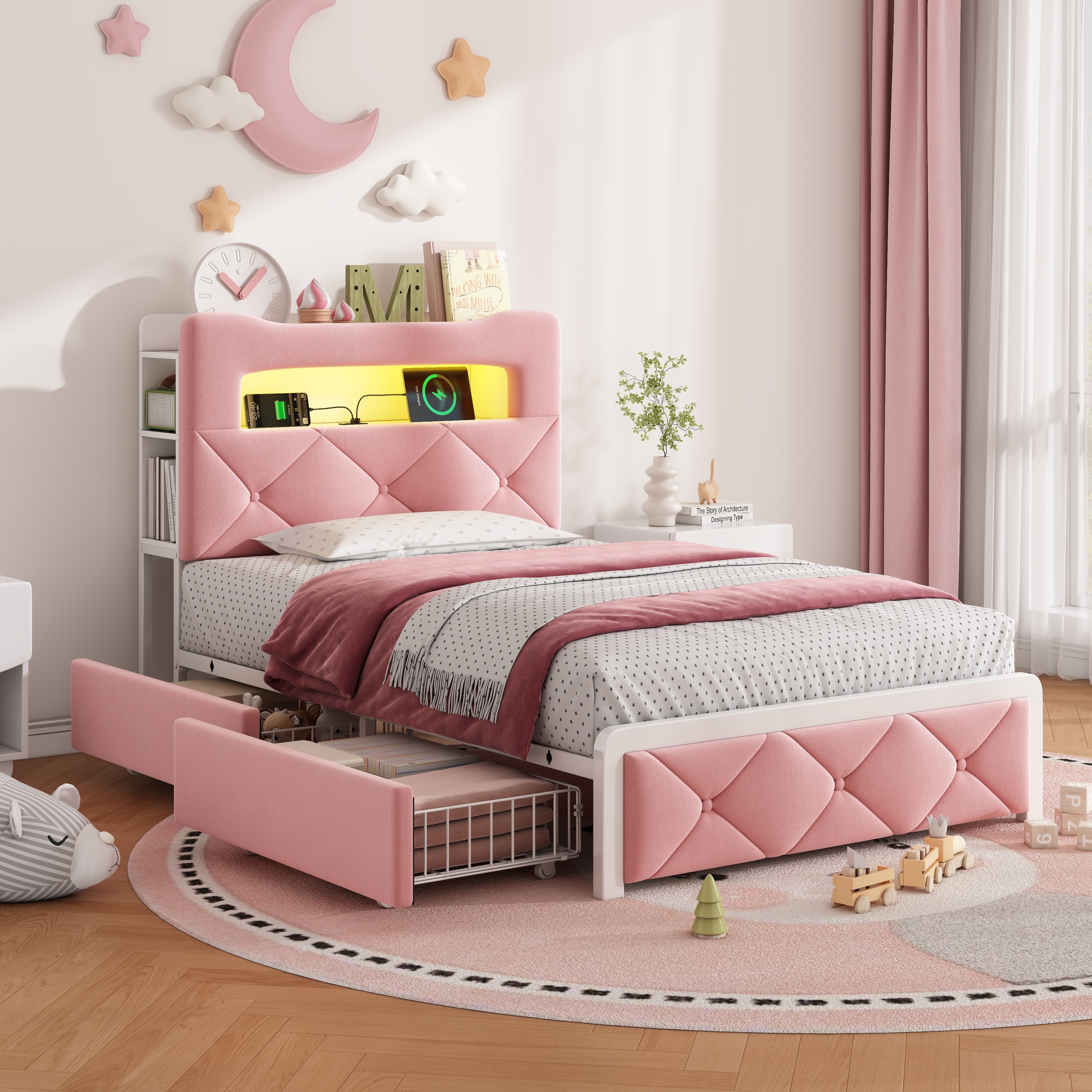 3ft Single Upholstered Bed With LED Button Tufted Bedside Storage Headboard
