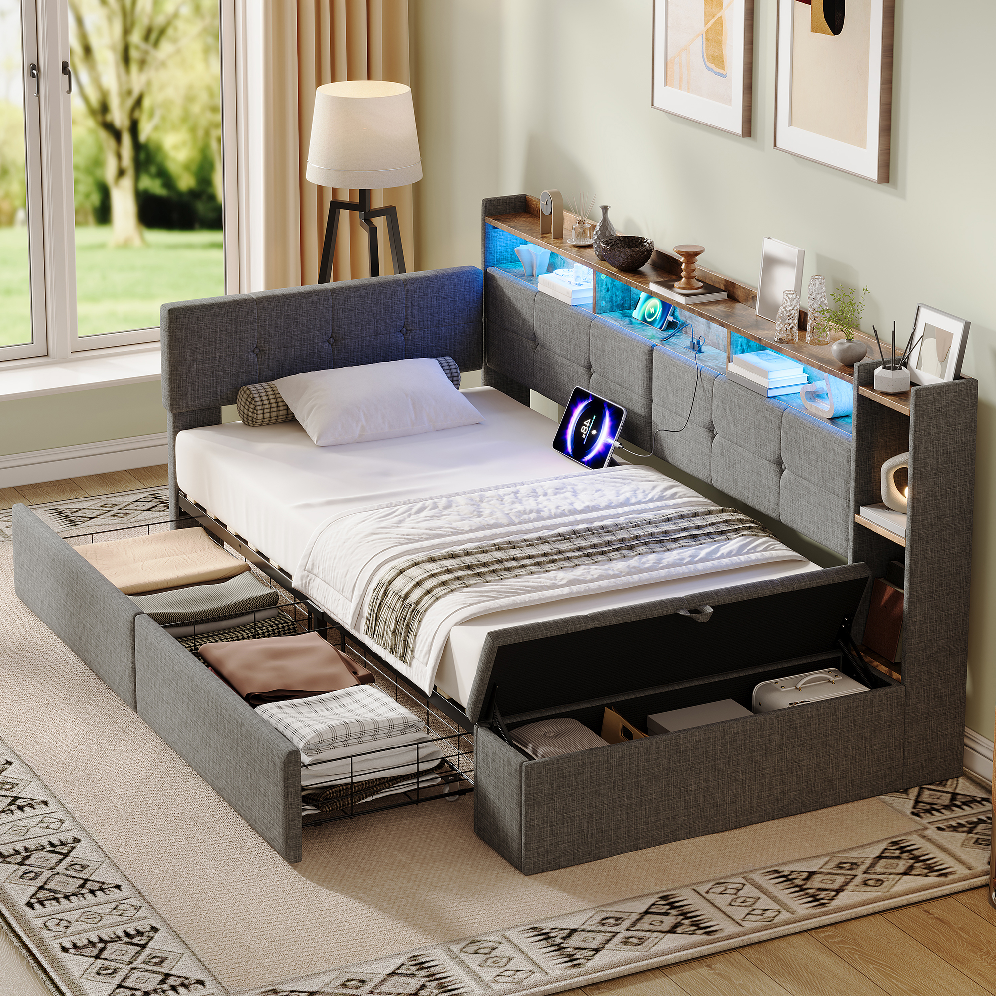 3ft Single LED Daybed With Storage Drawers And Bed End Ottoman Modern Linen