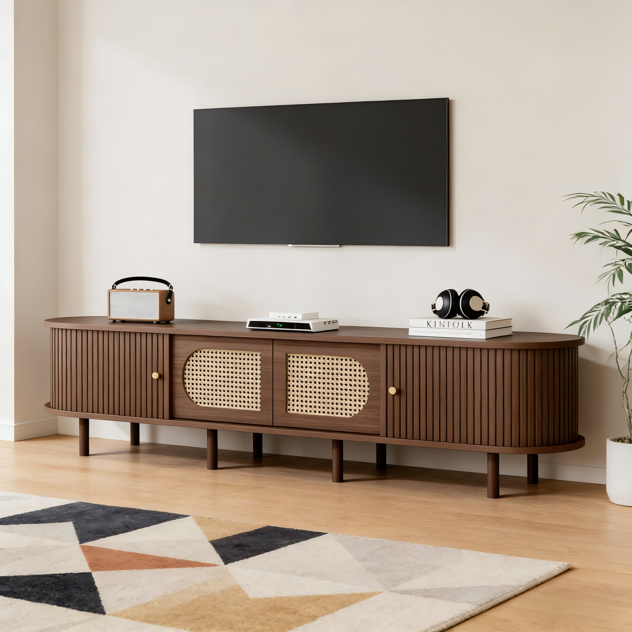 180x40x40cm Oval TV Stand In Dark Walnut, Rattan Design, Two Cabinet Doors, Two Sliding Doors, TV Cabinet, Lowboard, Living Room Cabinet, MDF, Suitabl