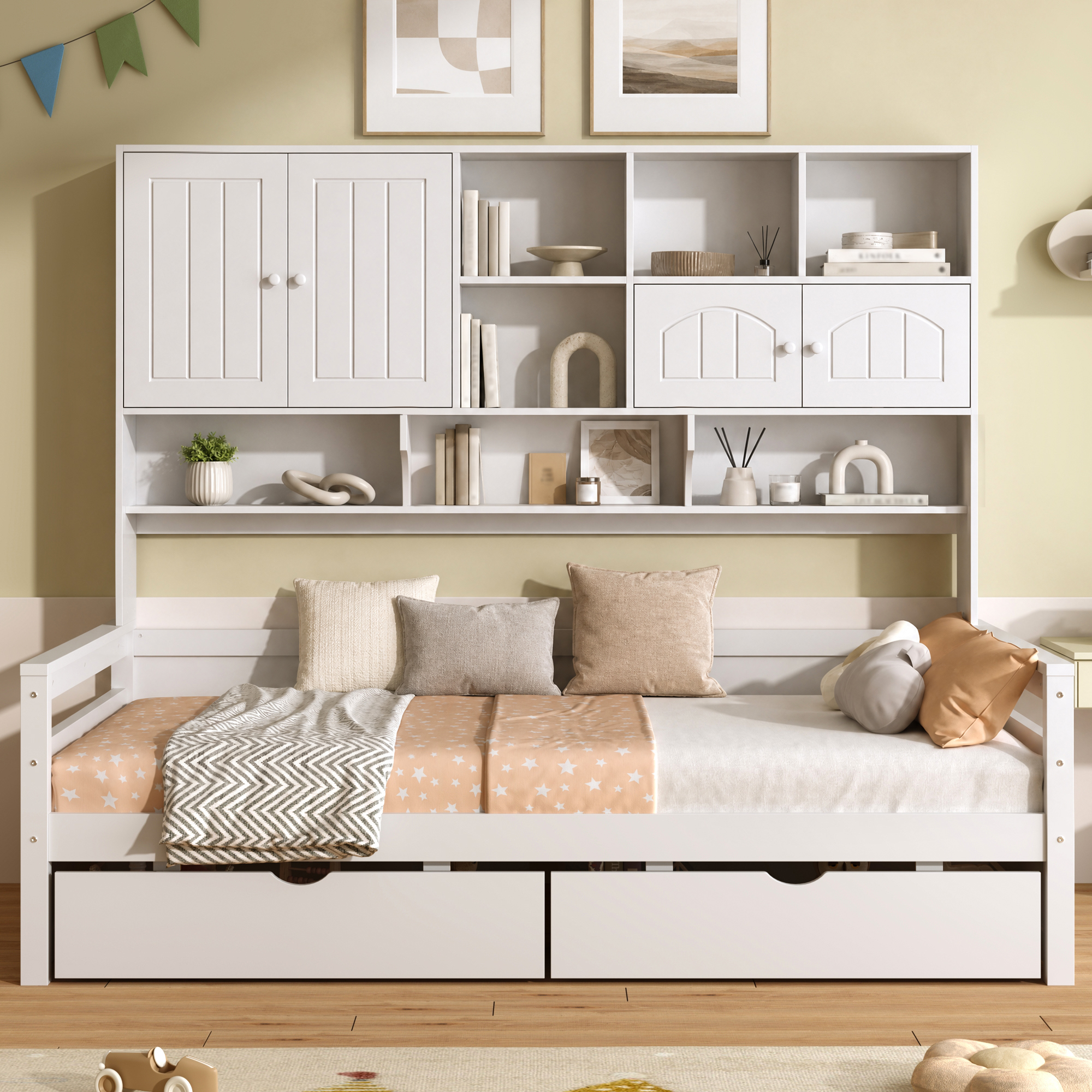 3ft Single Bed With Two Storage Drawers And Bookcase Headboard, Wooden Frame — image 3