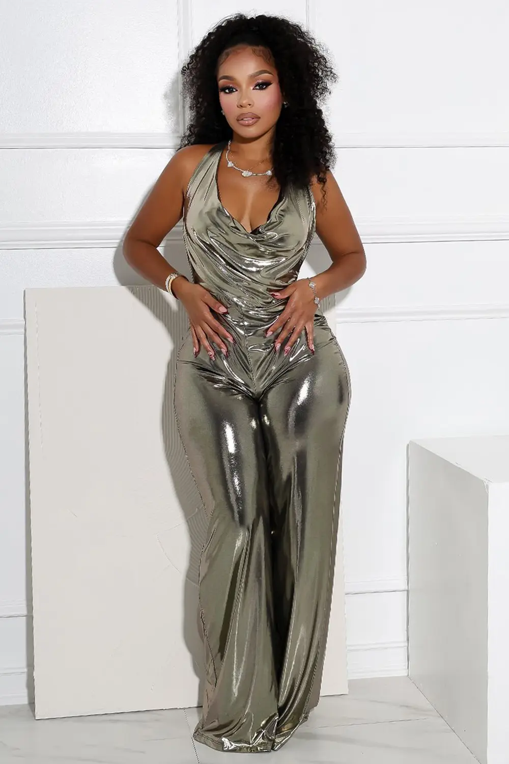 Halter Backless Wrinkle Metallic Party Wide Leg Jumpsuit-Silver [In Stock]