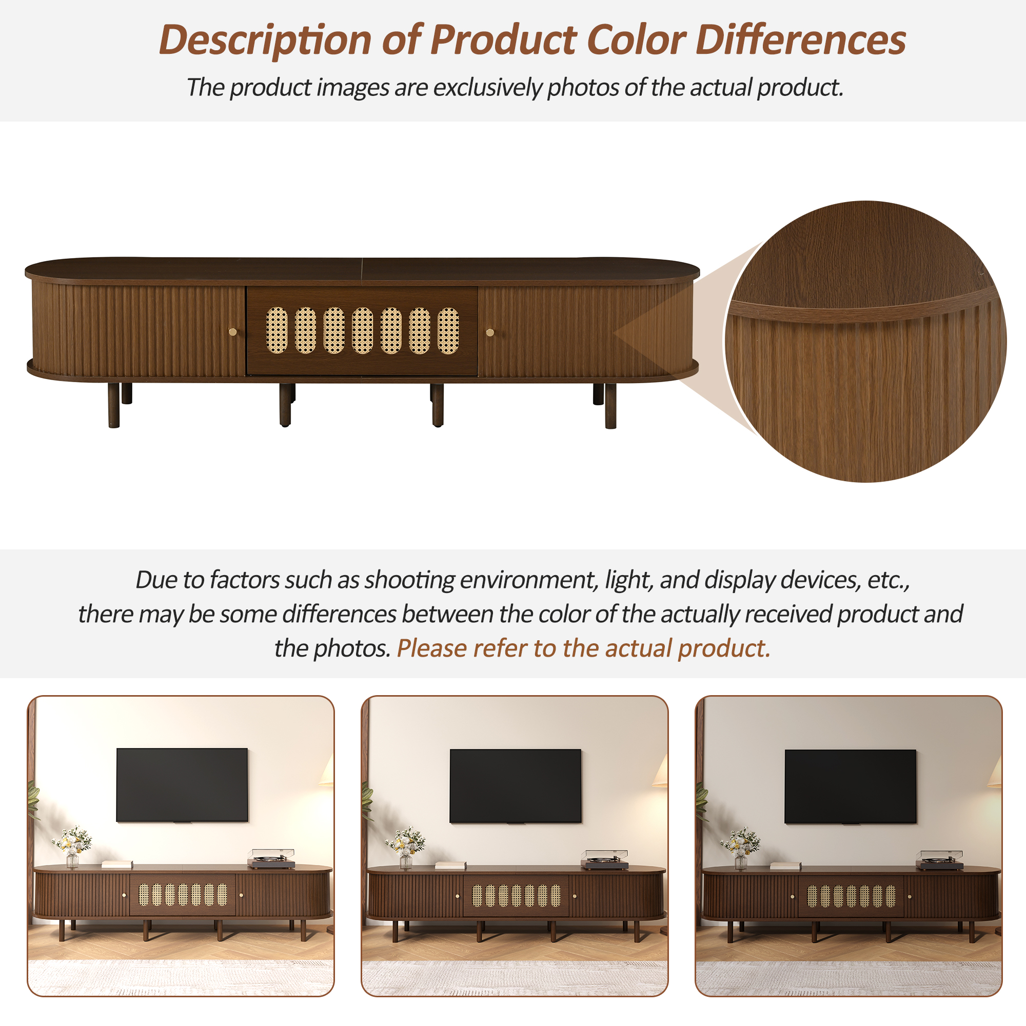 180x40x40cm Oval TV Stand In Dark Walnut, Rattan Design - MDF 30 Kg Load — image 5