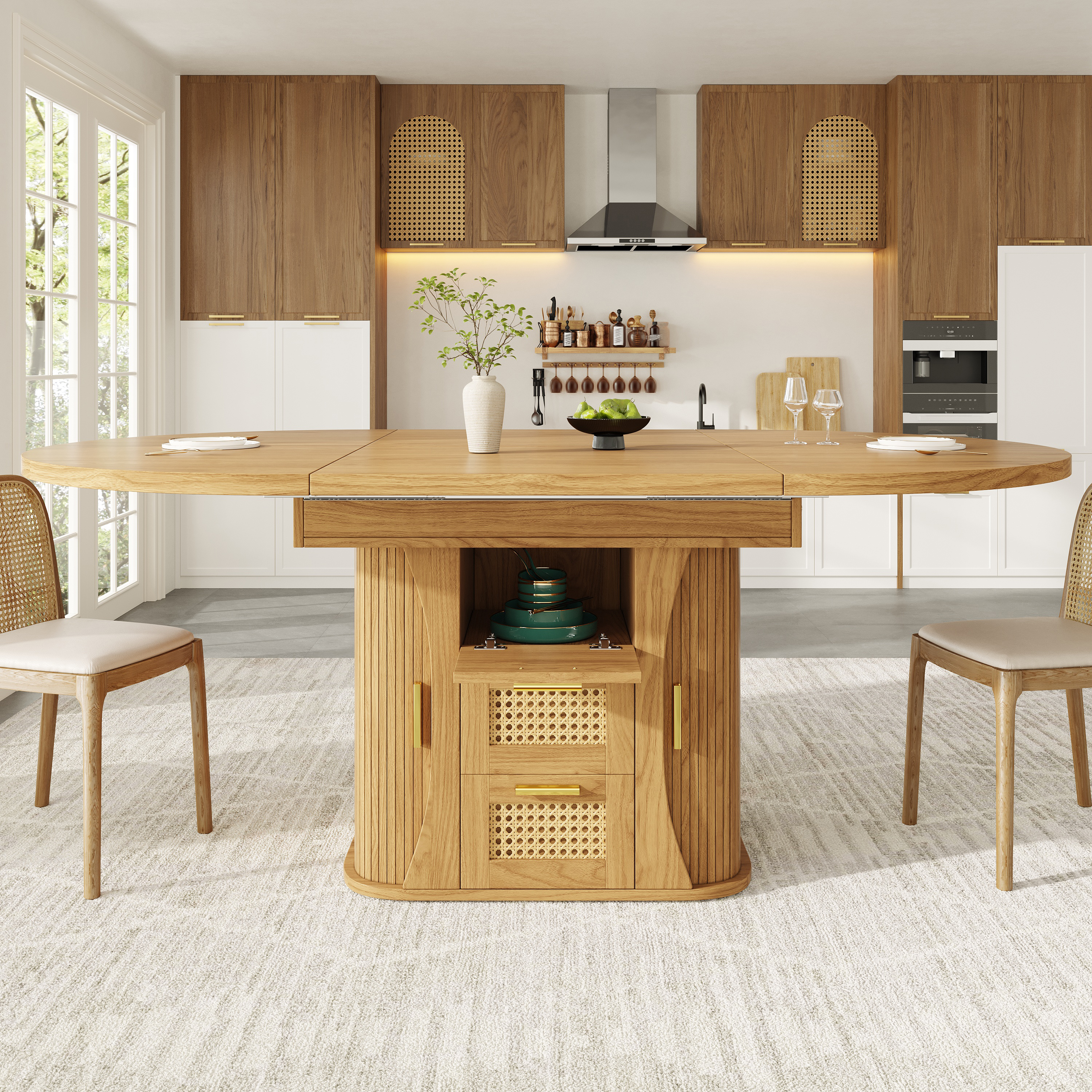 Extendable Dining Table With Storage, 118-158cm Rattan Drawers, MDF Wood Look — image 4