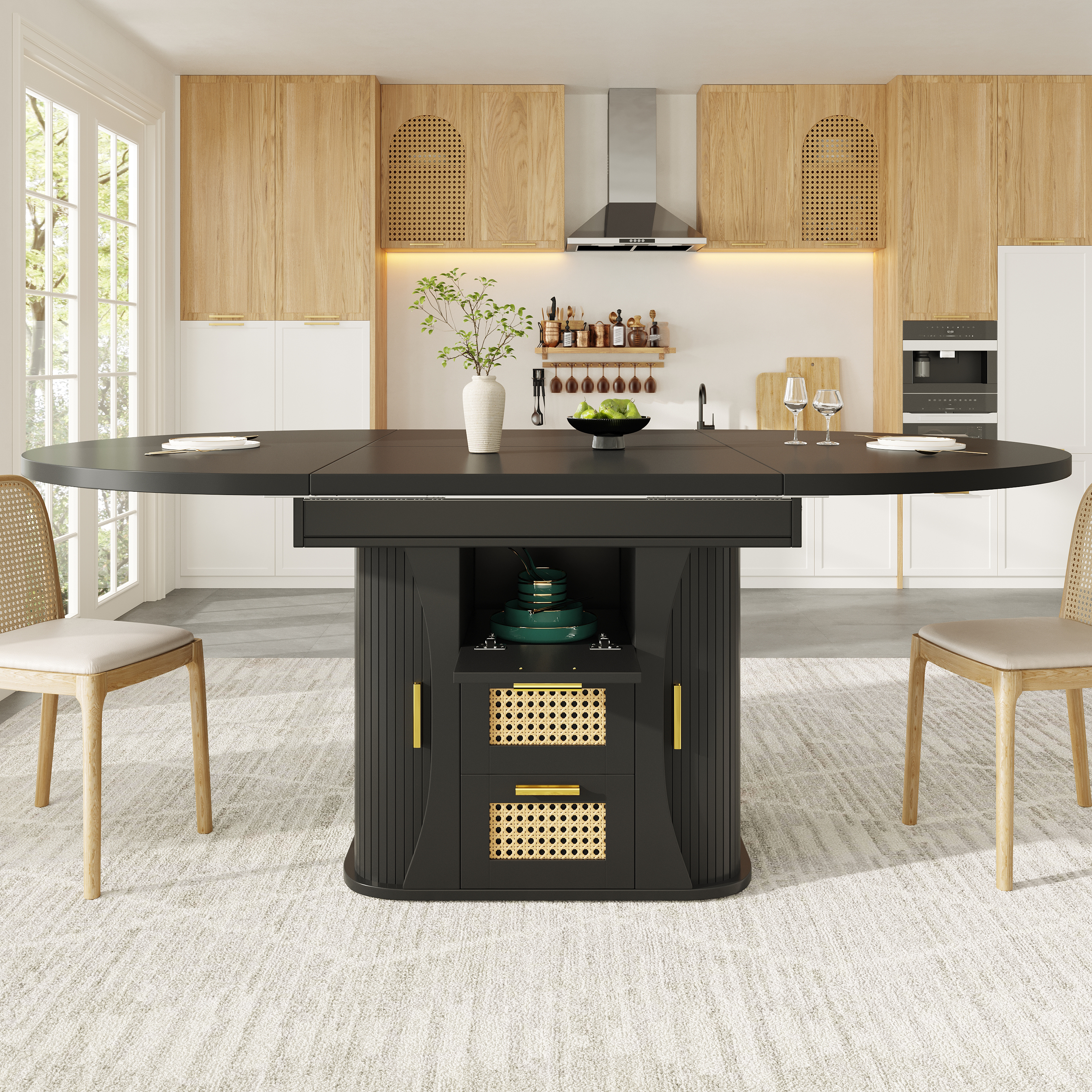 Extendable Dining Table With Storage, 118-158cm Rattan Drawers, MDF Wood Look