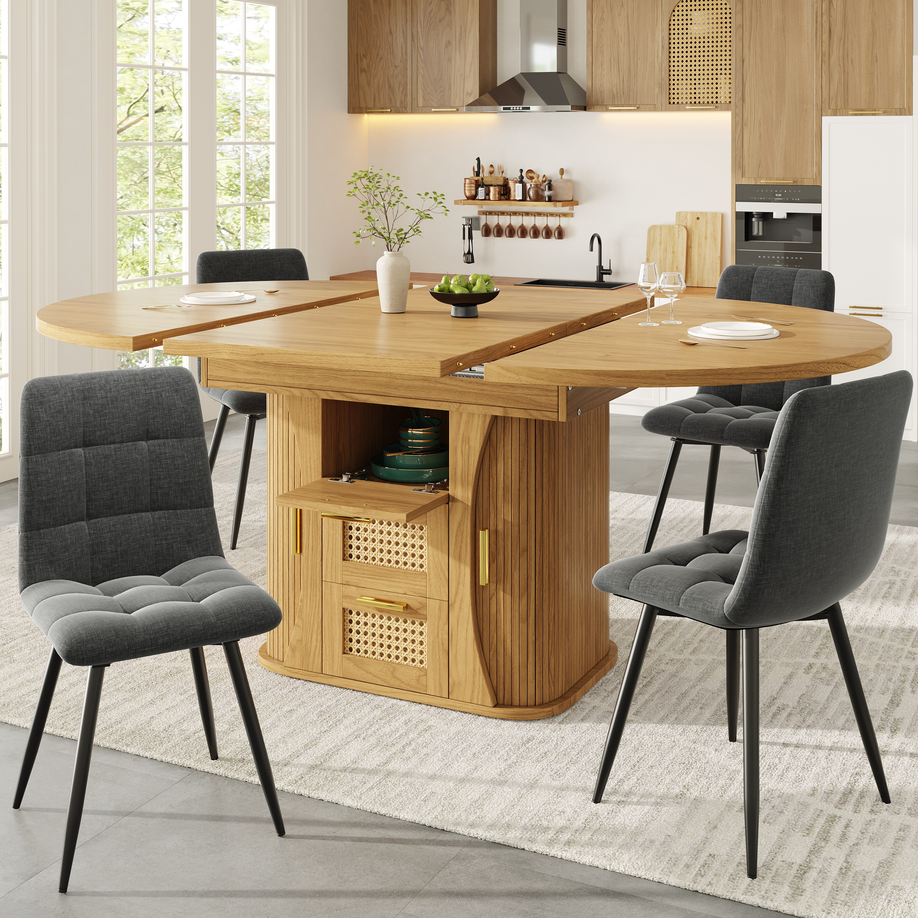 Extendable Dining Table With Storage, 118-158cm Rattan Drawers, MDF Wood Look — image 3