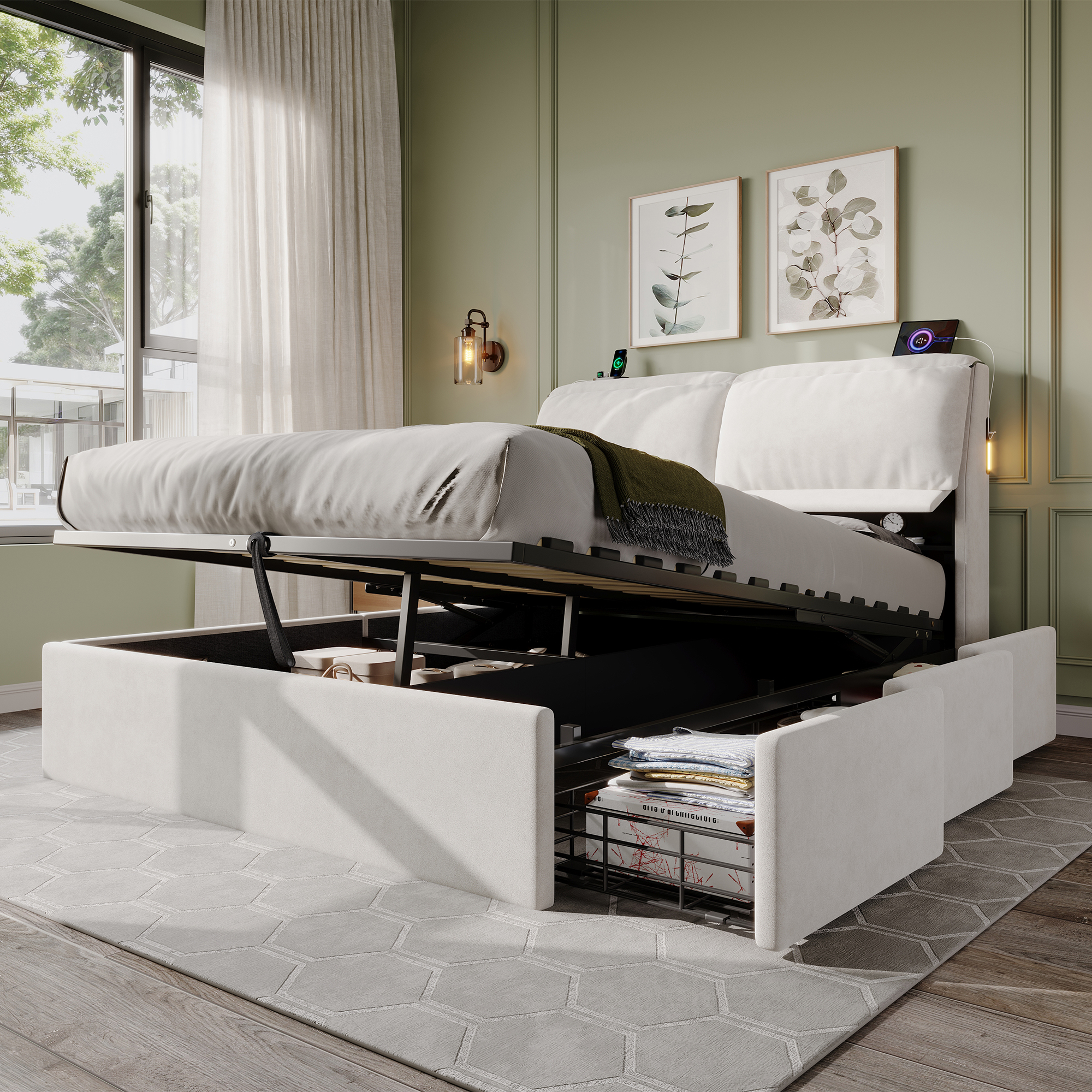 5ft King Bed With Hydraulic Storage, Velvet Upholstered Headboard Flip-top — image 3