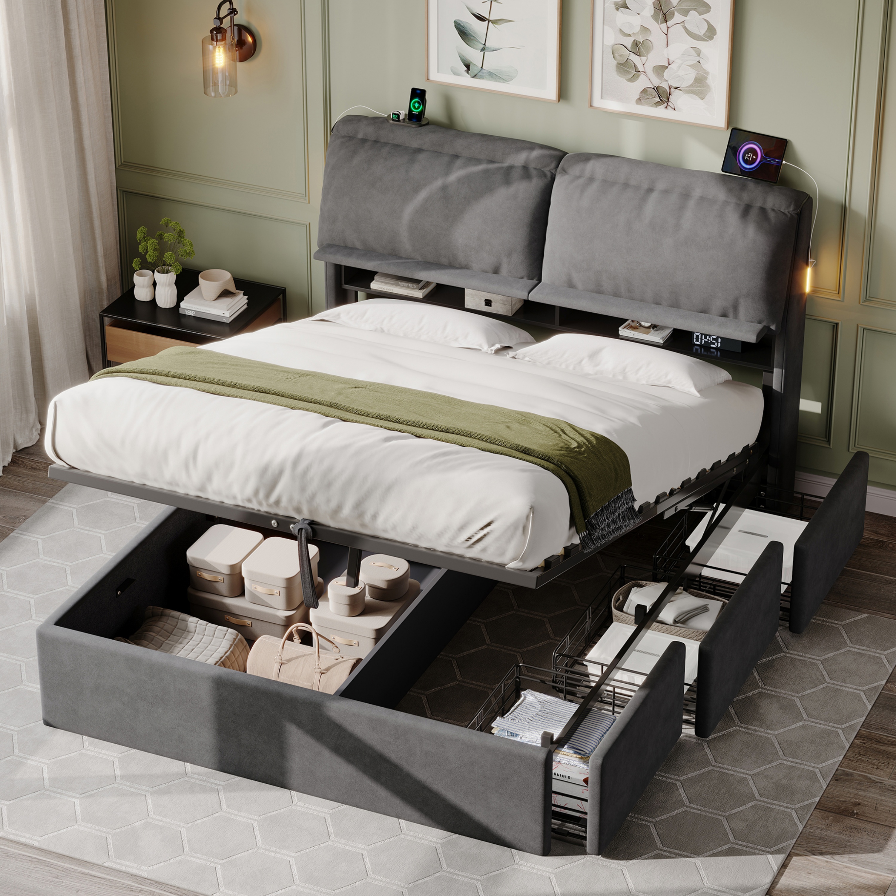 5ft King Bed With Hydraulic Storage, Velvet Upholstered Headboard Flip-top — image 3