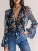 Elegant Bohemian Navy Floral Shirt view 1